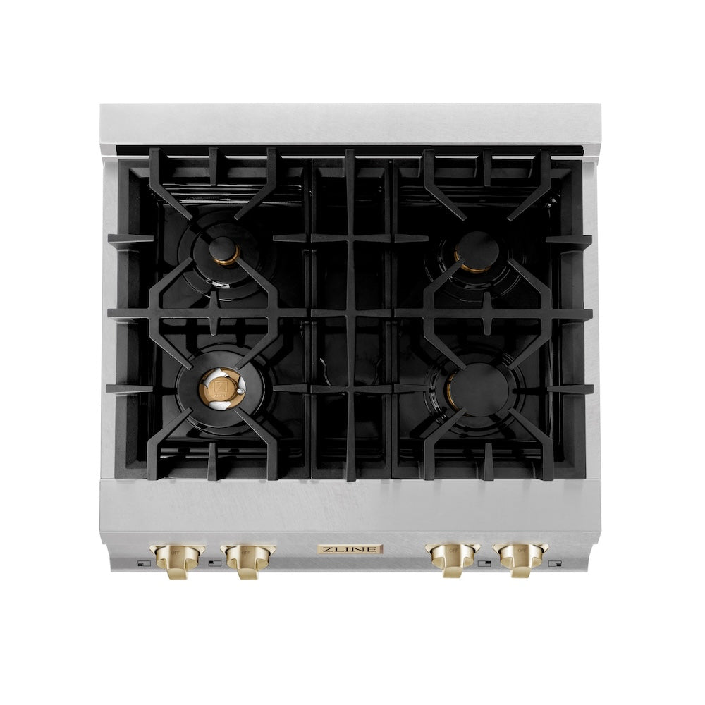 ZLINE Autograph Edition 30-Inch 4-Burner Gas Rangetop with Porcelain Cooktop - Satin Stainless Steel & Polished Gold Accents (RTSZ 30 G) | Professional Kitchen Stove for Home Chefs & Cooking Enthusiasts