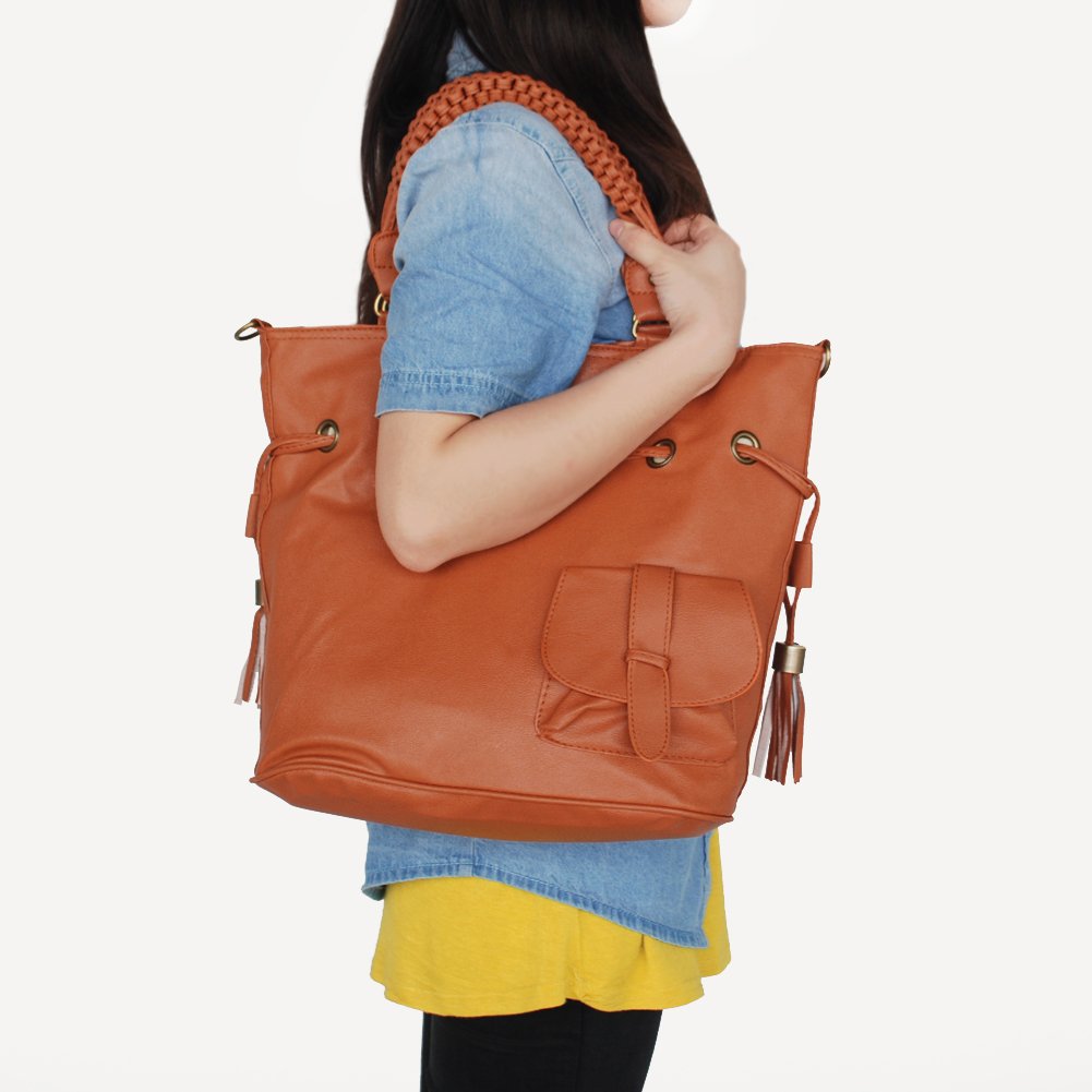 Blancho Genuine Leatherette Shoulder Bag for Women - Stylish Tan Satchel Purse with Tassels, Perfect for Work, Travel & Everyday Use
