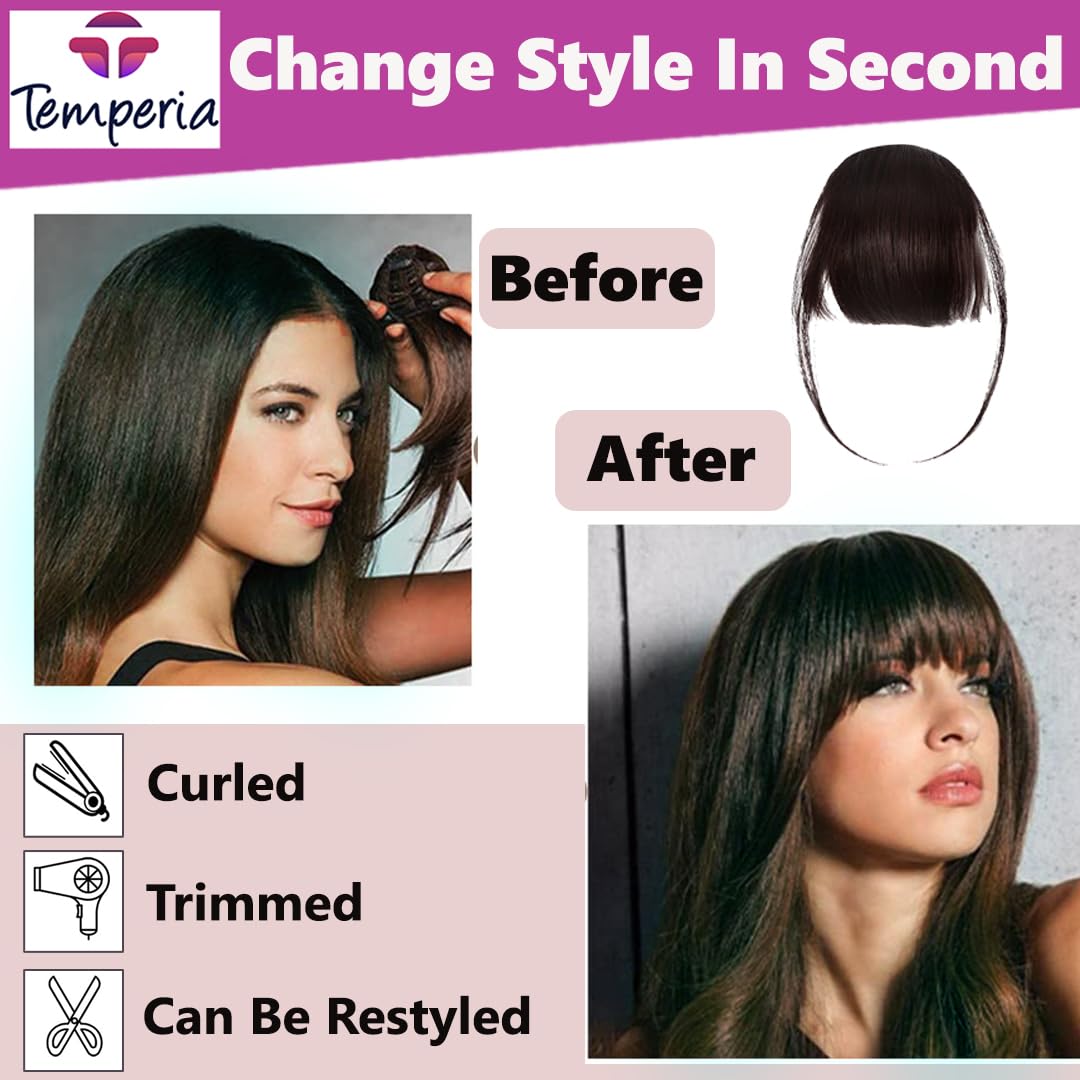 Temperia Clip-On Fake Bangs Hair Extensions for Women - Side Curtain Bangs Fringe Hairpiece - Natural Brown Human Hair Accessories - Perfect for Cosplay, Costume Parties & Everyday Styling (1 Pack)