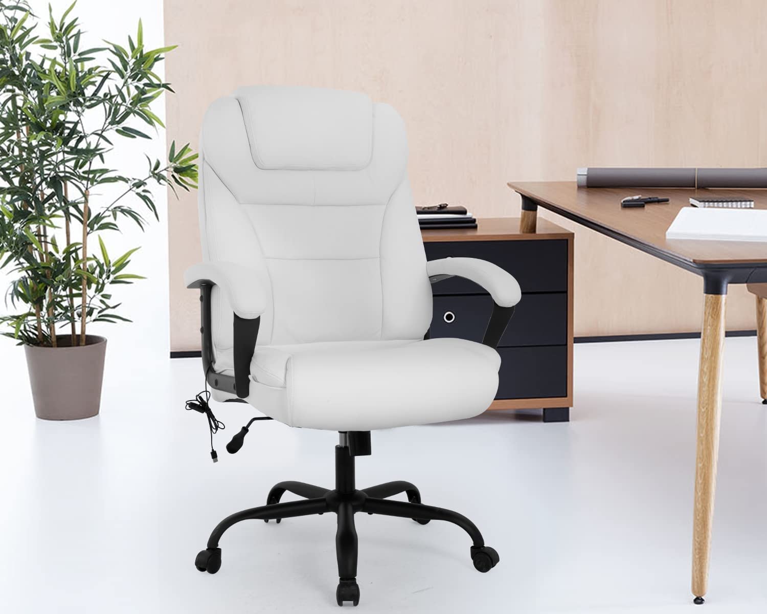 Big and Tall Office Chair 500 lbs Wide Seat - Ergonomic Computer Desk Chair with Lumbar Support, Adjustable Armrests & PU Leather Massage - Heavy Duty Swivel Task Chair for Home Office (White) - Perfect for Long Work Hours & Back Pain Relief