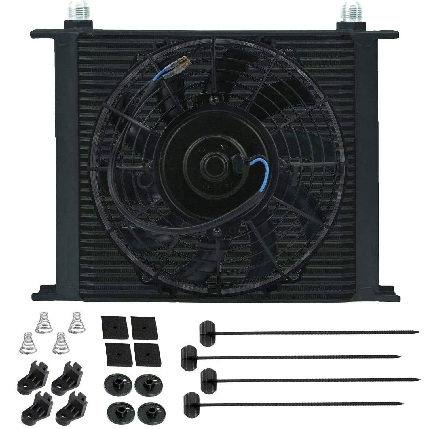 34 Row Black Aluminum 10AN Hose End Fittings - Heavy Duty Towing & Auto Engine Transmission Oil Cooler Kit with 12V Electric Cooling Fan | Perfect for Performance Vehicles, Off-Road Trucks & Racing Applications