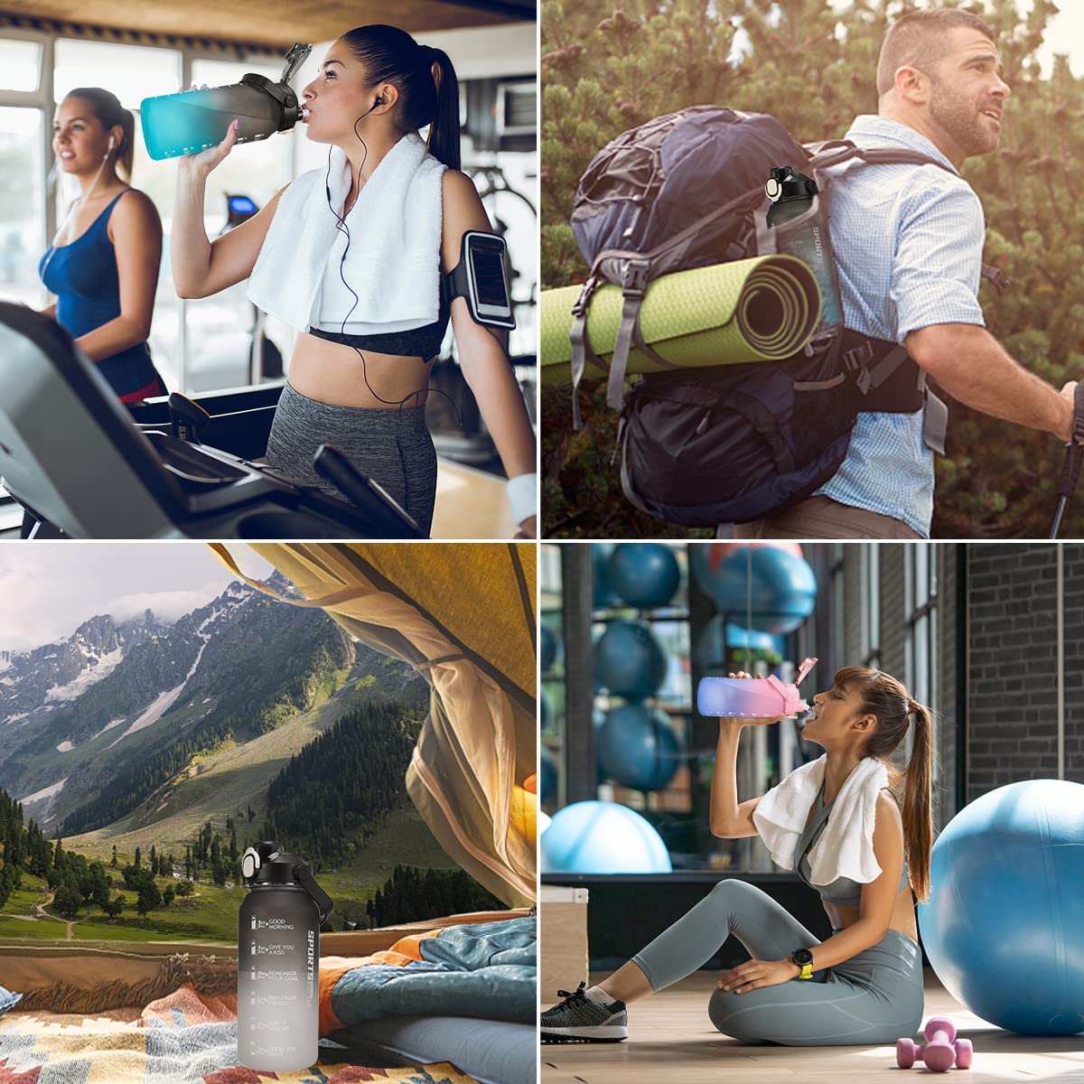 Yuirsion 2L Sports Water Bottle with Time Markings & Straw - BPA-Free, Leak-Proof Fitness Bottle for Gym, Yoga, Hiking, Camping & Outdoor Activities - Ideal for Hydration Tracking & Workout Motivation (Black/Blue)