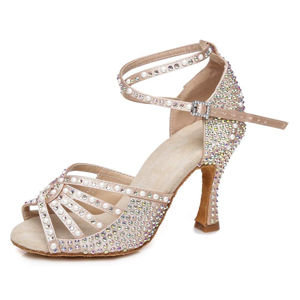 Professional Women's Latin Dance Shoes with Rhinestones - Satin Ballroom & Salsa Shoes for Women - Perfect for Performances, Competitions & Social Dancing