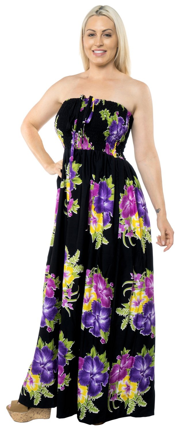 LA LEELA Women's Tube Dress - Flowy Maxi Boho Summer Dress with Side Slits, Beach Cover Up, Vacation Outfit for Pool Party & Tropical Getaway