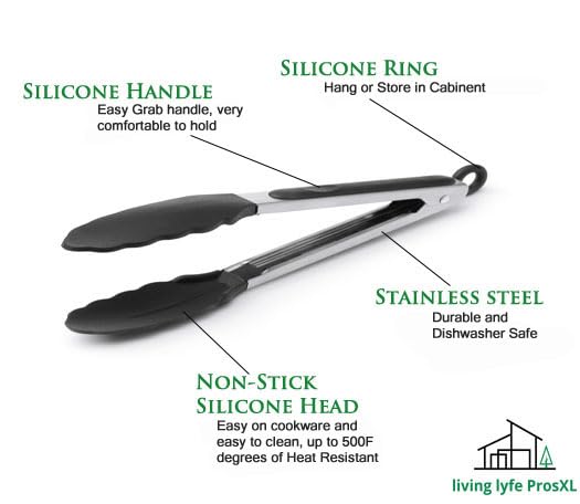 Premium Silicone Kitchen Tongs - 12 Inch Heat Resistant Cooking Tongs (Set of 4, Black) - Perfect for Grilling, BBQ, Salad Serving & Non-Scratch Cookware Handling