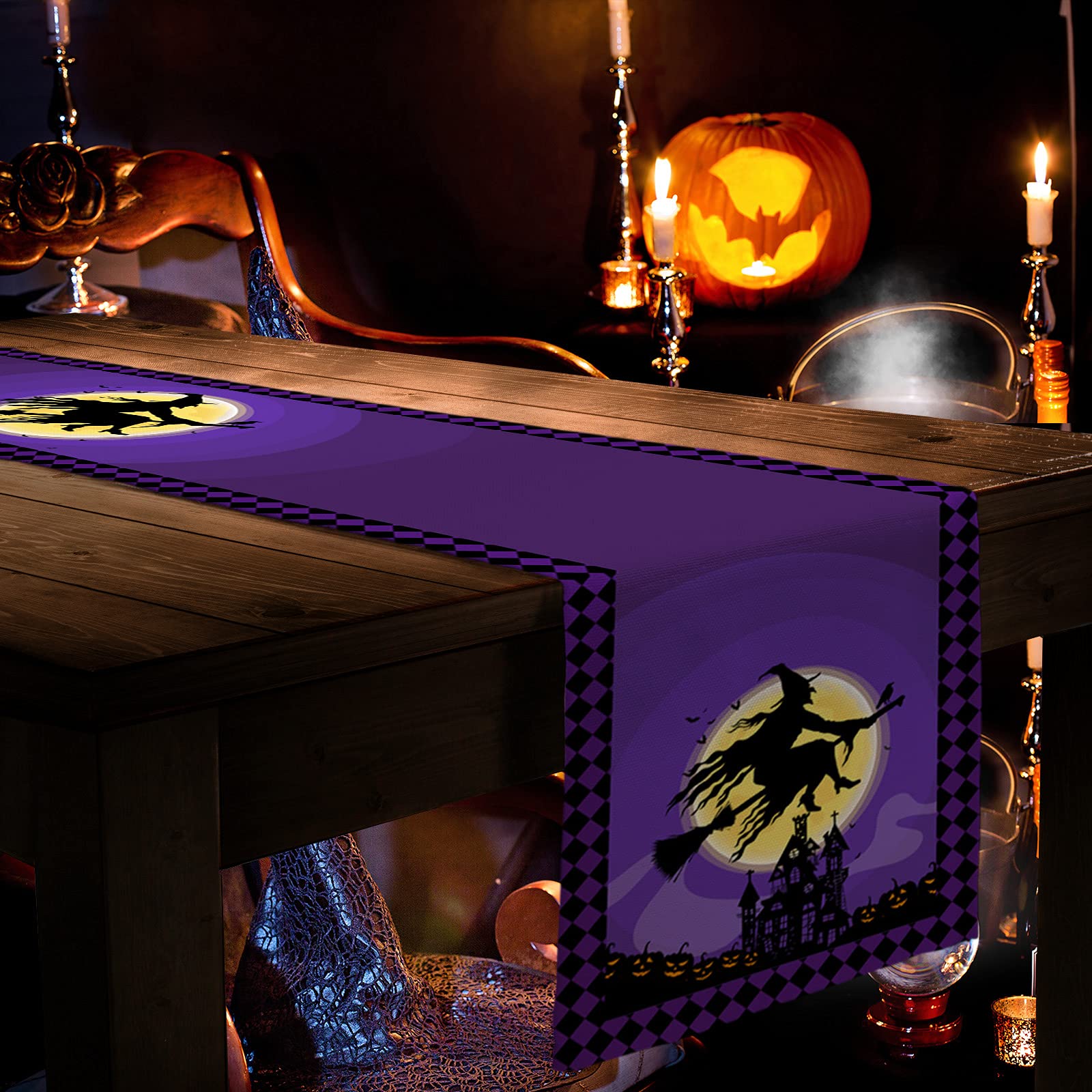 36 Inch Halloween Table Runner - Witches Haunted House Design for Parties, Ceremonies & Banquets | 13x36 Inch Purple Black Moon Night Decor | Perfect for Indoor/Outdoor Dining Tables, Buffets & Dressers