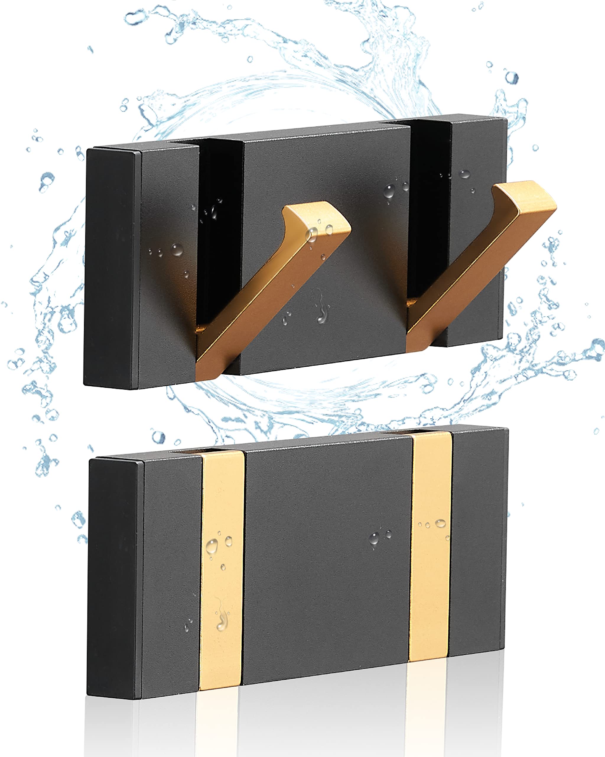 2 Pack Waterproof Black Gold Wall Hooks - Foldable Bathroom Towel Hooks & Coat Hooks for Wall Mounting | Modern Rustproof Design for Bathroom, Kitchen, Balcony & Closet Organization