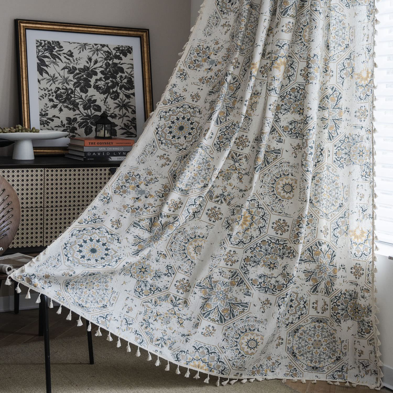 ColorBird Grey Floral Curtains for Bedroom & Living Room - 63 Inch Linen Farmhouse Window Drapes with Light Filtering, Country Style Room Divider for Dining Closet, Door & Window Decor | Perfect for Farmhouse, Cottage & Boho Home Decor