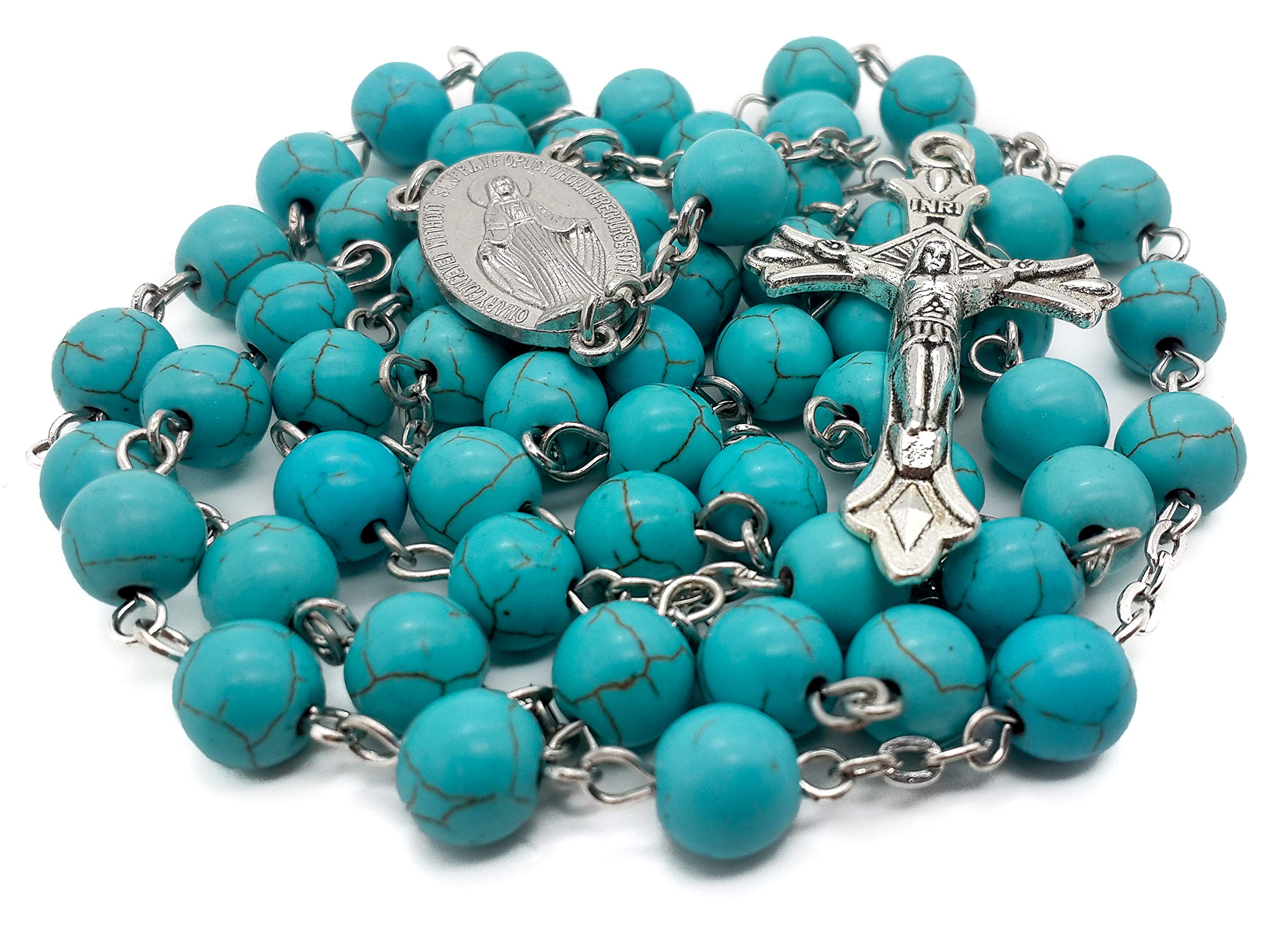 Sky Blue Turquoise Stone Beads Rosary Prayer Necklace with Miraculous Medal & Jesus Cross - Catholic Religious Jewelry for Prayer, Meditation and Spiritual Gifts