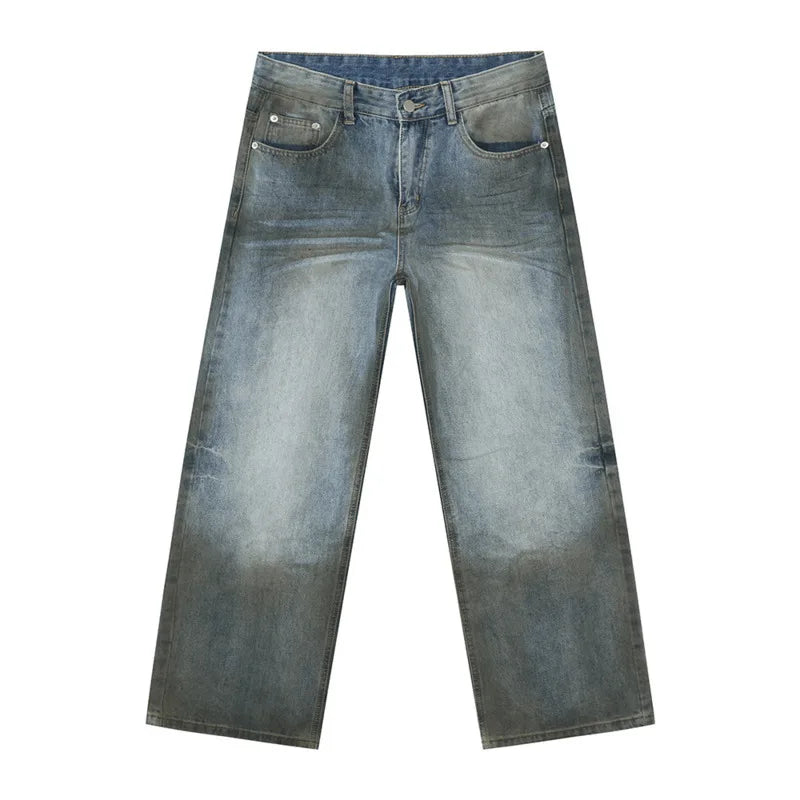 American Style Men's Denim Pants - Distressed Washed Straight Leg Casual Jeans with Contrast Color for Men | Wide Leg Comfortable Trousers for Everyday Wear, Street Style & Casual Outings