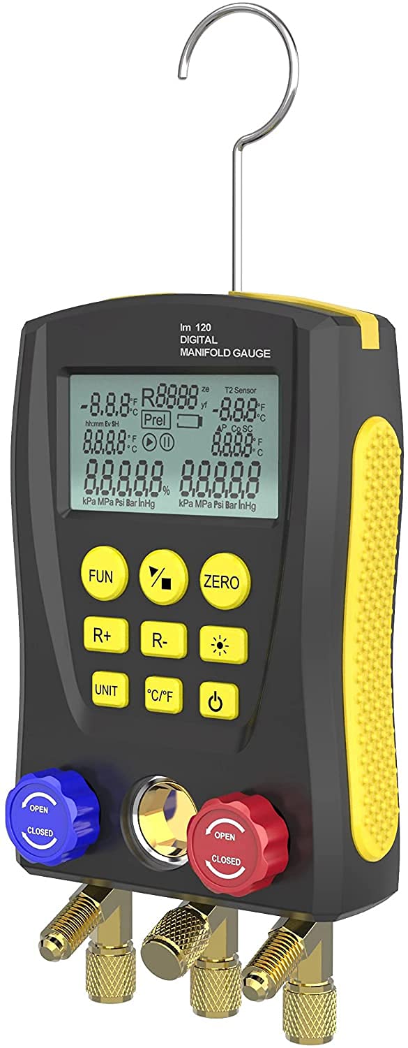 Professional Automotive Digital HVAC Manifold Gauge - Refrigerant Pressure Temperature Vacuum Tester for Car AC & Refrigerator Diagnostics | Perfect for Mechanics & DIY Auto Repair Shops