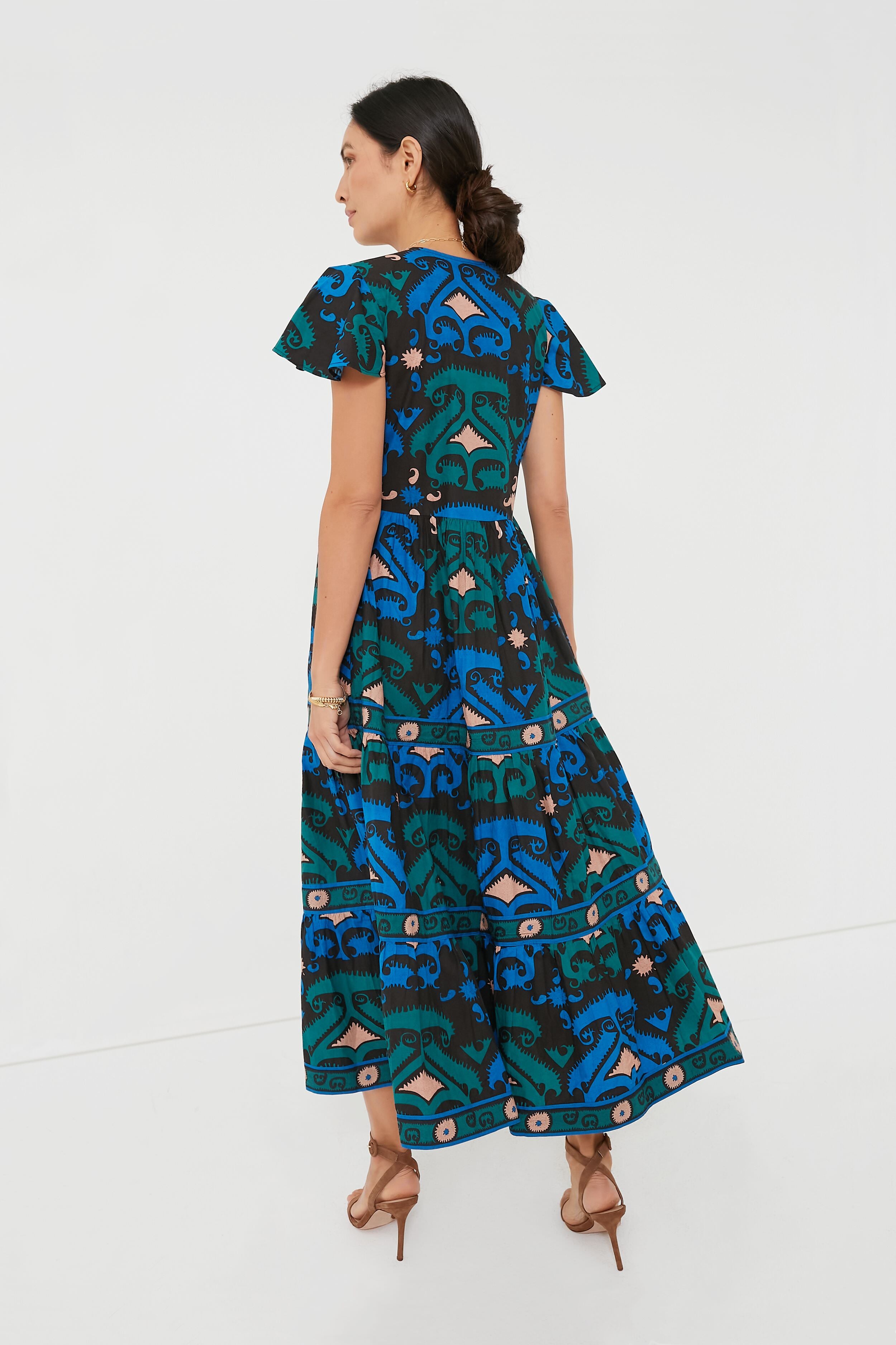 Stylish Blue Uzbek V-Neck Maxi Dress for Women - Elegant Long Flowy Summer Dress - Perfect for Beach Vacations, Parties & Casual Outings