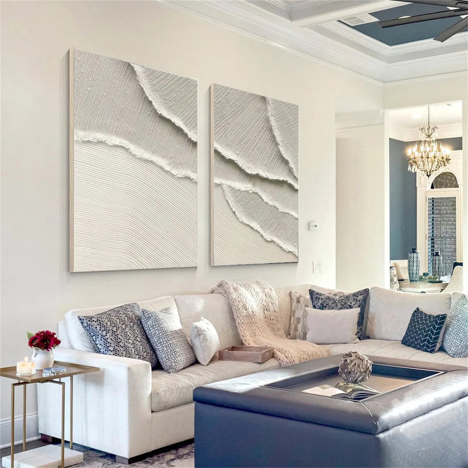 White Minimalist Textured Painting Canvas Set of 2 - Modern Abstract Wall Art for Living Room & Bedroom Decor #MM292