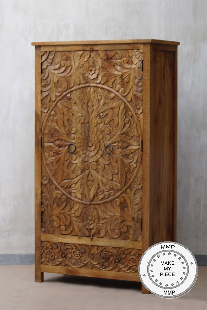 Hand Carved Indian Wooden Wardrobe Cabinet - Floral Design, Brown - Perfect for Bedroom, Living Room & Home Decor Storage