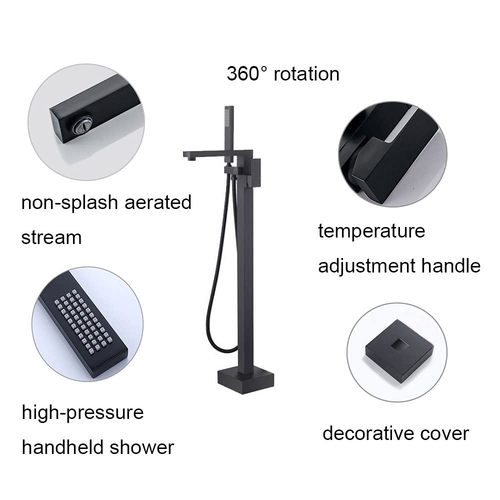 Matte Black Floor Mount Bathtub Faucet with Handheld Shower Mixer Tap - Premium Bathroom Tub Filler for Modern Showers | Perfect for Spa-Like Relaxation & Luxurious Bathroom Upgrades