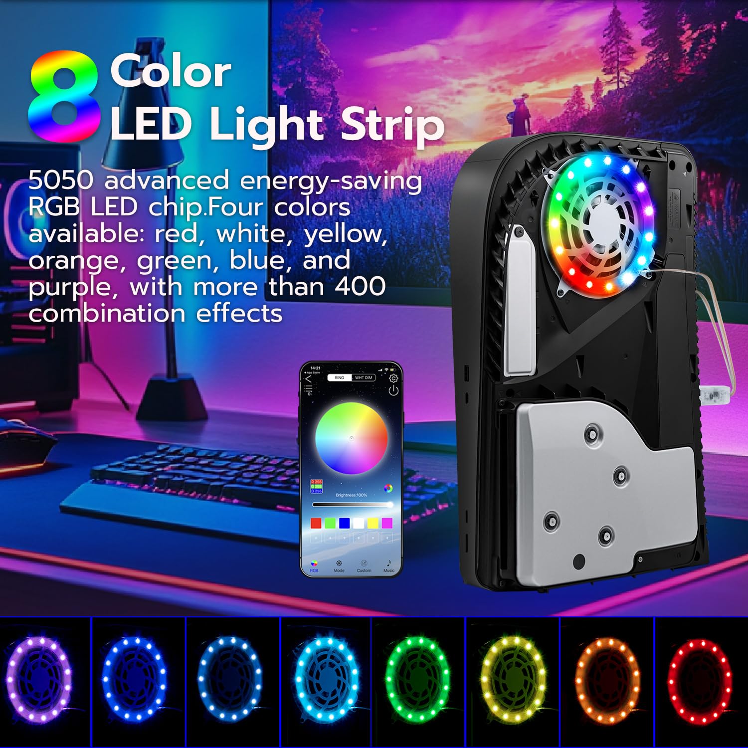 McBazel PS5 RGB LED Strip Light Kit - Remote Controlled Gaming Light for PS5, PS5 Slim & PS5 Pro (Digital/Disc Edition) - Enhance Your PlayStation 5 Setup with Customizable Ambient Lighting for Gaming Rooms & Entertainment Centers