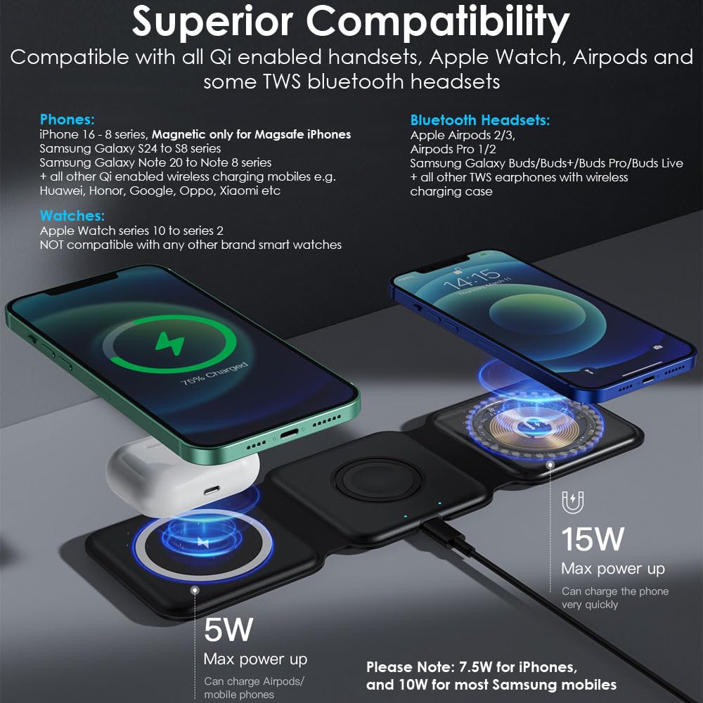 3 in 1 Wireless Charger Station - Fast Magnetic Charging Pad Stand for iPhone 16/15/14/13/12, Samsung S24/S23/S22/S21, iWatch Series 10-2, AirPods 3/2/Pro | Portable & Foldable Design | Perfect for Home, Office & Travel Charging