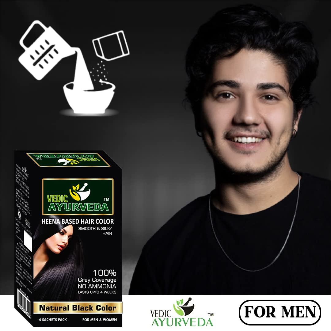 VedicAyurvedas Bio-Organic Natural Pure Henna Hair Color - 100% Gray Coverage, Ammonia-Free, Black Shade (4 Sachets) for Smooth Silky Hair | Safe Herbal Hair Dye for Women & Men | Perfect for Home Use, Salon Results, and Covering Gray Hair Naturally