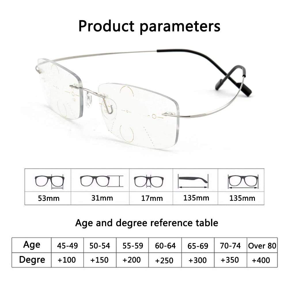 Progressive Multifocal Reading Glasses for Presbyopia - Frameless Memory Titanium Flexible Anti-Blue Light Computer Glasses for Men & Women (Silver, +3.00) - Perfect for Office Work, Screen Time & Daily Reading