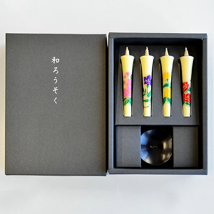 Takazawa Japanese Candles Gift Set - Ceramic Candle Holder with Four Seasons Flower Design, Traditional Wa Rousoku for Home Decor, Meditation & Romantic Ambiance