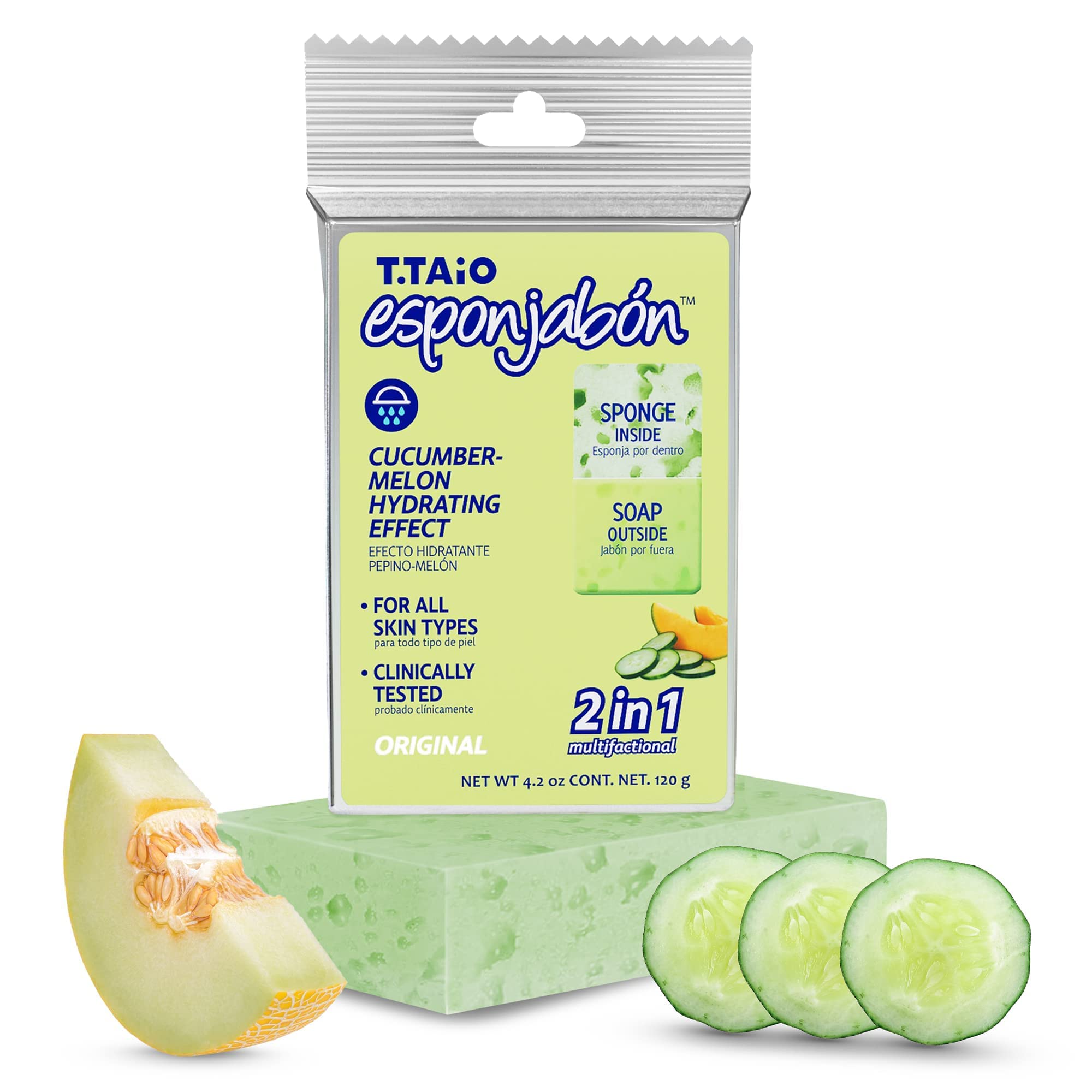 T.Taio Exfoliating Soap Sponge - Deep Cleansing Shower Scrubber for Face, Body & Feet - Oil Removal & Dead Skin Exfoliation - Cucumber Melon Scented Bath Accessories - Perfect for Spa Day, Dry Skin Care & Relaxing Shower Routine