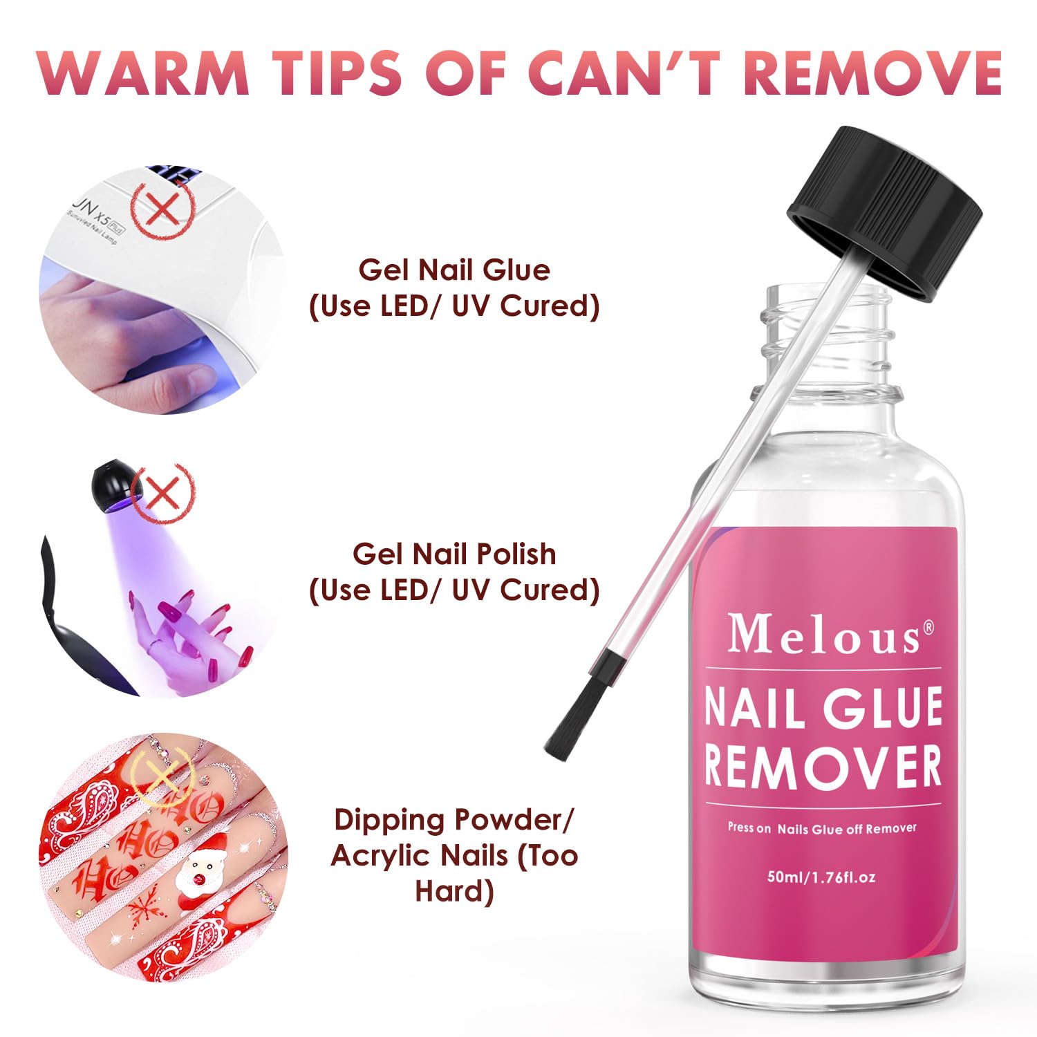 Melous Nail Glue Remover for Press On & Acrylic Nails - Cuticle Pusher Included | Easy Fake Nail Removal for Salon-Quality Manicures at Home