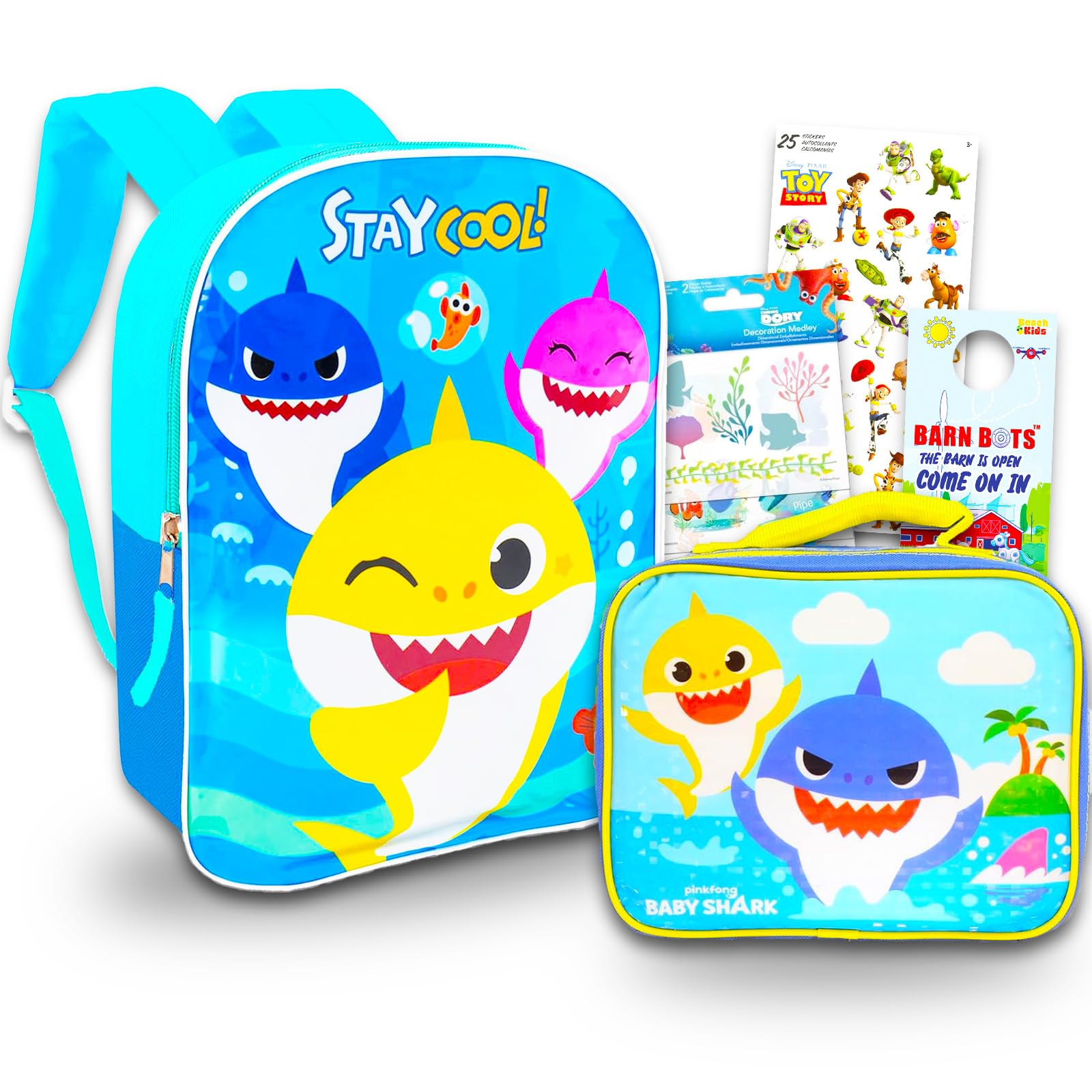 **Baby Shark Backpack and Lunch Box Set for Kids - 4-Piece School Bundle with 16-inch Backpack, Insulated Lunch Bag, Finding Dory Stickers & More | Perfect for School, Daycare, Travel & Outdoor Adventures**