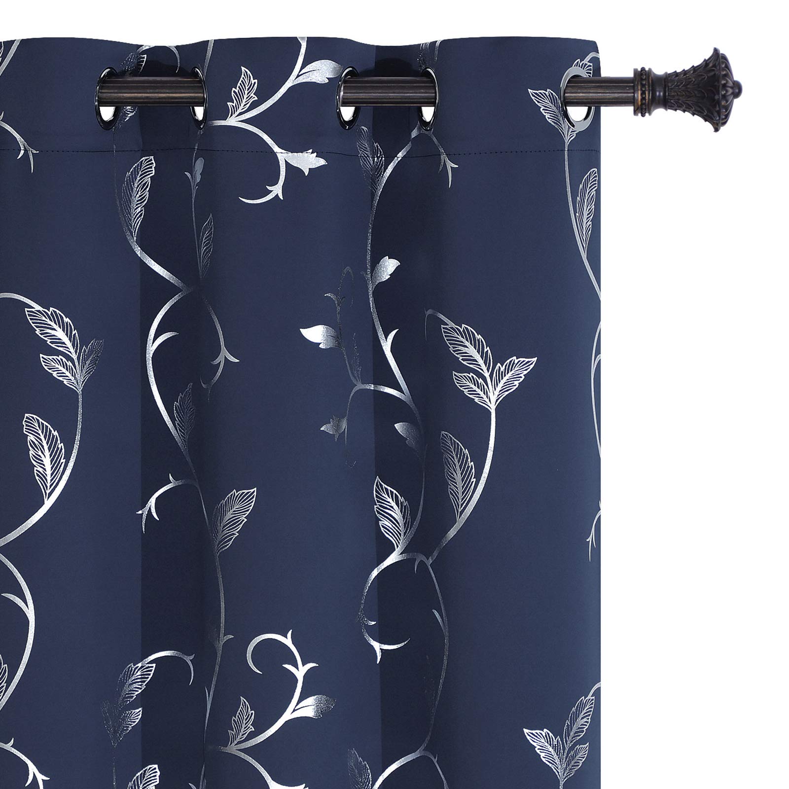 BUHUA Navy Blackout Curtains - Thermal Insulated Silver Vine Pattern Darkening Drapes for Bedroom (38x63 Inches, 2 Panels) - Perfect for Light Blocking, Energy Saving & Home Decor