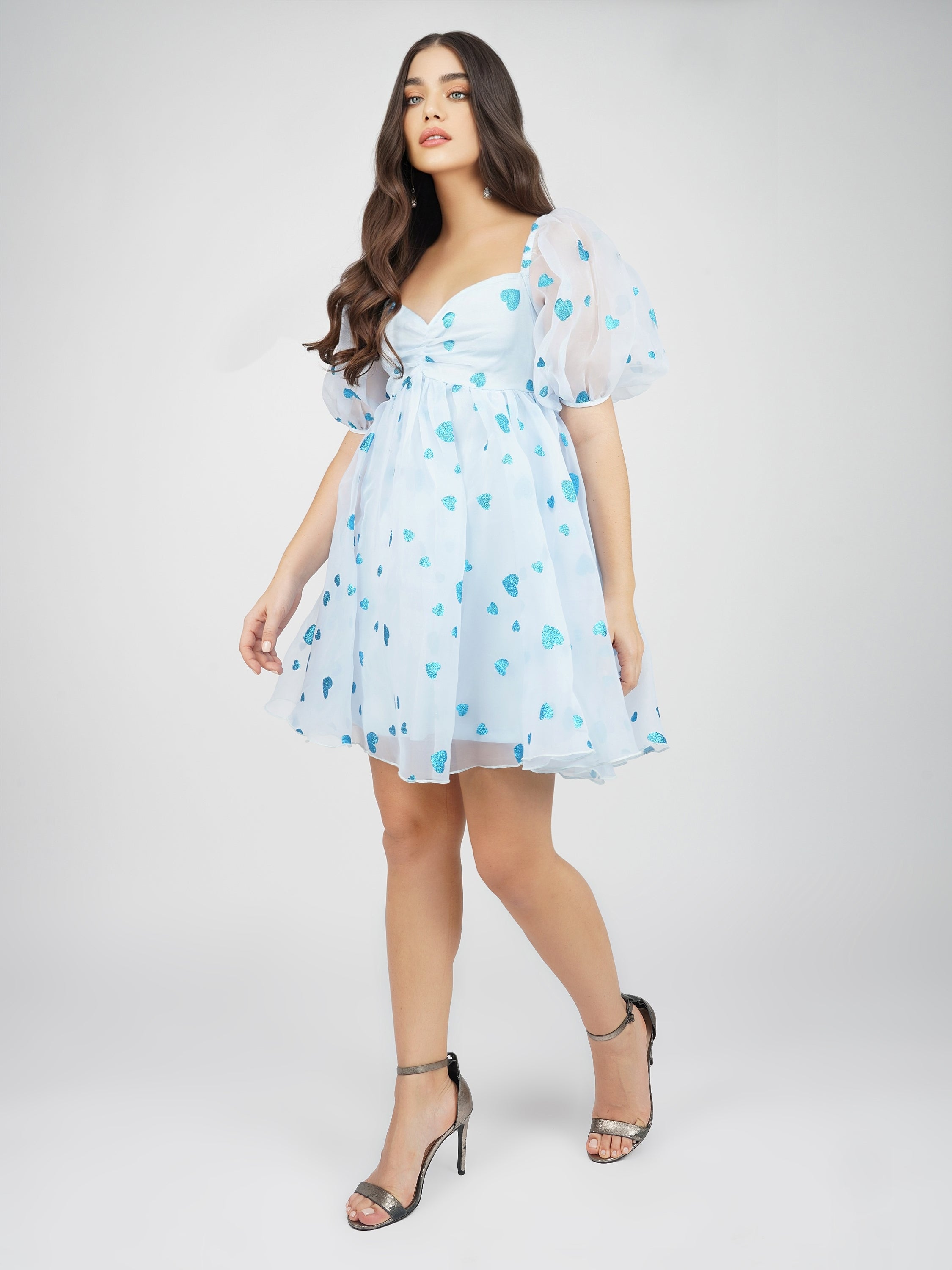 Melanie Puff Sleeve Dress - Blue Heart Print Flowy Summer Dress for Women | Perfect for Dates, Parties & Beach Vacations