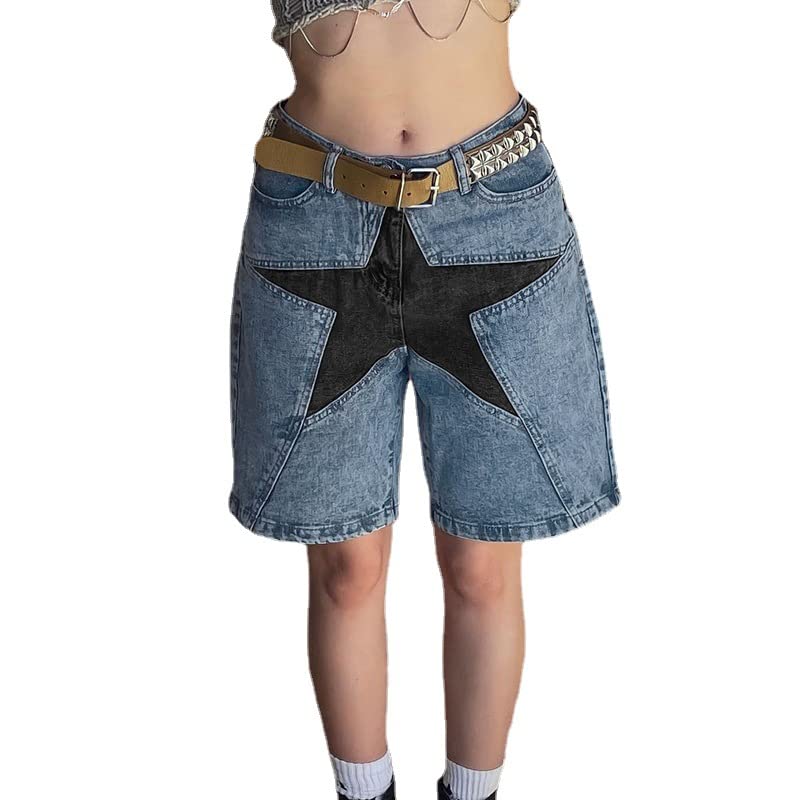 CYee Women's High Waist Denim Shorts - Y2K Grunge Patchwork Star Design, Baggy Straight Leg Jean Shorts for Hip Hop, Goth & Streetwear | Perfect for Summer Outfits, Concerts and Casual Street Style