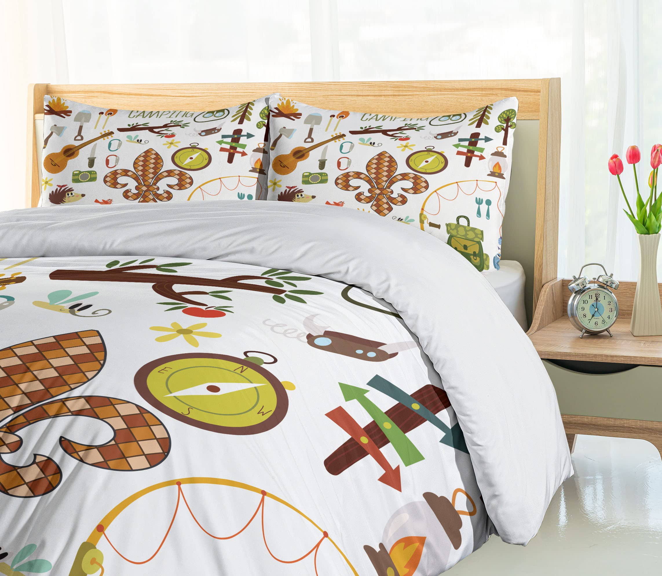 Ambesonne King Size 3-Piece Camping Duvet Cover Set with 2 Pillow Shams - Cartoon Outdoor Theme Featuring Fleur de Lis, Guitar, Bonfire & Trees - Amber & Green Decorative Bedding for Camping Enthusiasts & Nature Lovers - Perfect for RV Trips, Cabin Retreats & Adventure-Themed Bedrooms