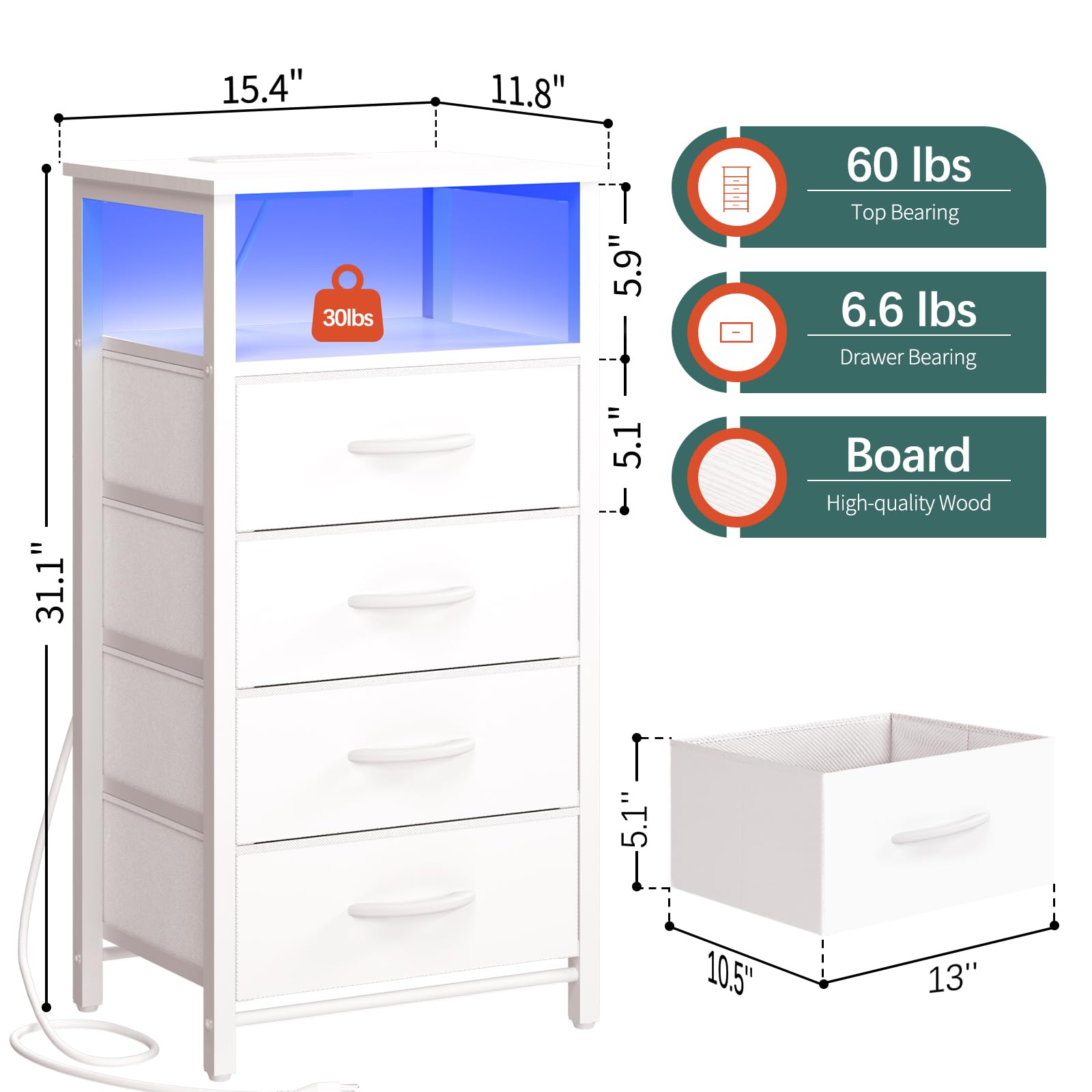 Yoobure White LED Nightstand with Charger Station - Small Bedside Table with 4 Fabric Drawers & Open Shelf, USB Ports & Outlets - Modern Bedroom Dresser for Phones, Books & Bedroom Storage