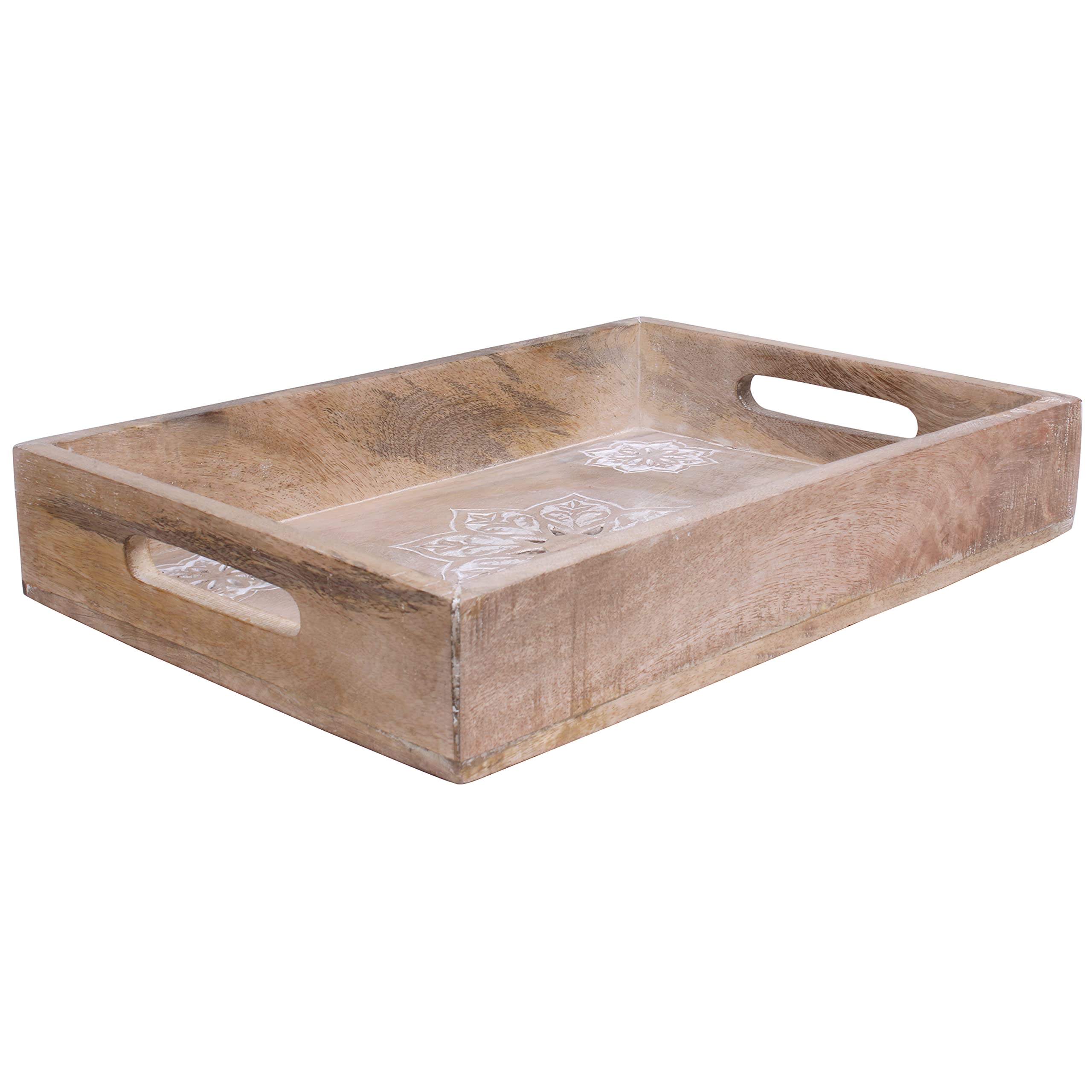 Rustic Wooden Serving Tray with Handles - Farmhouse Coffee Table Tray, Ottoman Serving Tray for Living Room, Breakfast in Bed Tray - Decorative Whitewashed Mango Wood Tray (Small) - Perfect for Entertaining, Home Decor & Gift Giving