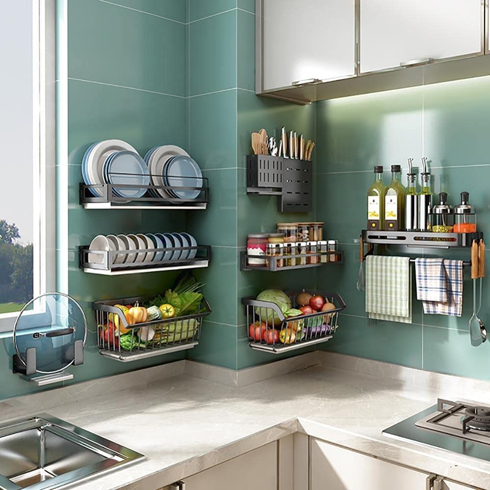 1-Tier Metal Fruit and Vegetable Basket - Wall Mounted Kitchen Storage Rack with Drain Holes for Fresh Produce, Silver | Space-Saving Organizer for Kitchen, Bathroom, or Pantry