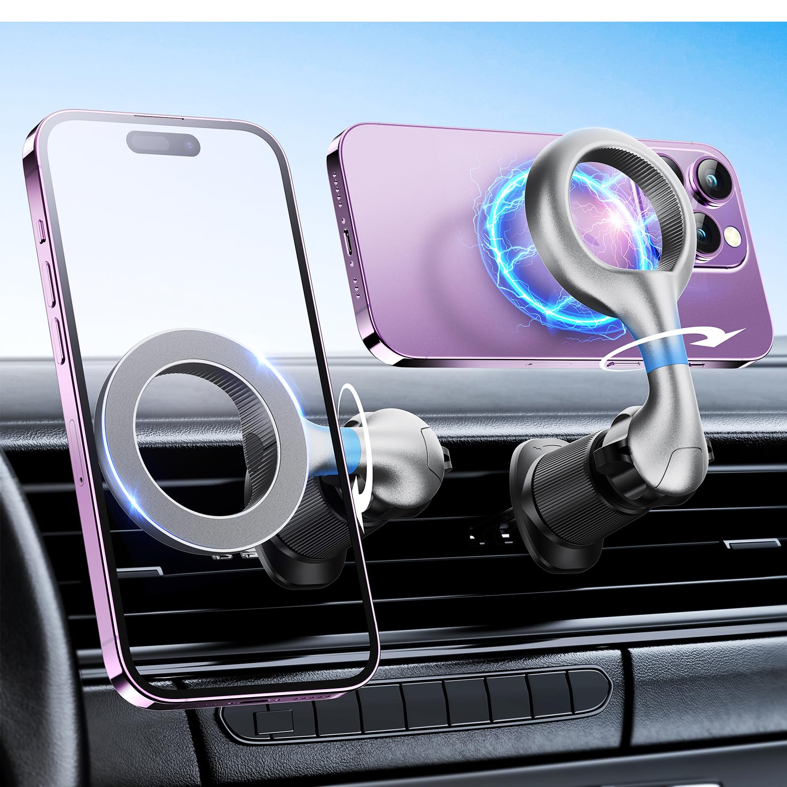 Strong 20-Magnet Car Phone Mount Holder - Ultra Flexible Magnetic Vent Mount for iPhone, Samsung, Google Pixel (Silver) | Secure & Hands-Free Driving, GPS Navigation, Streaming Music