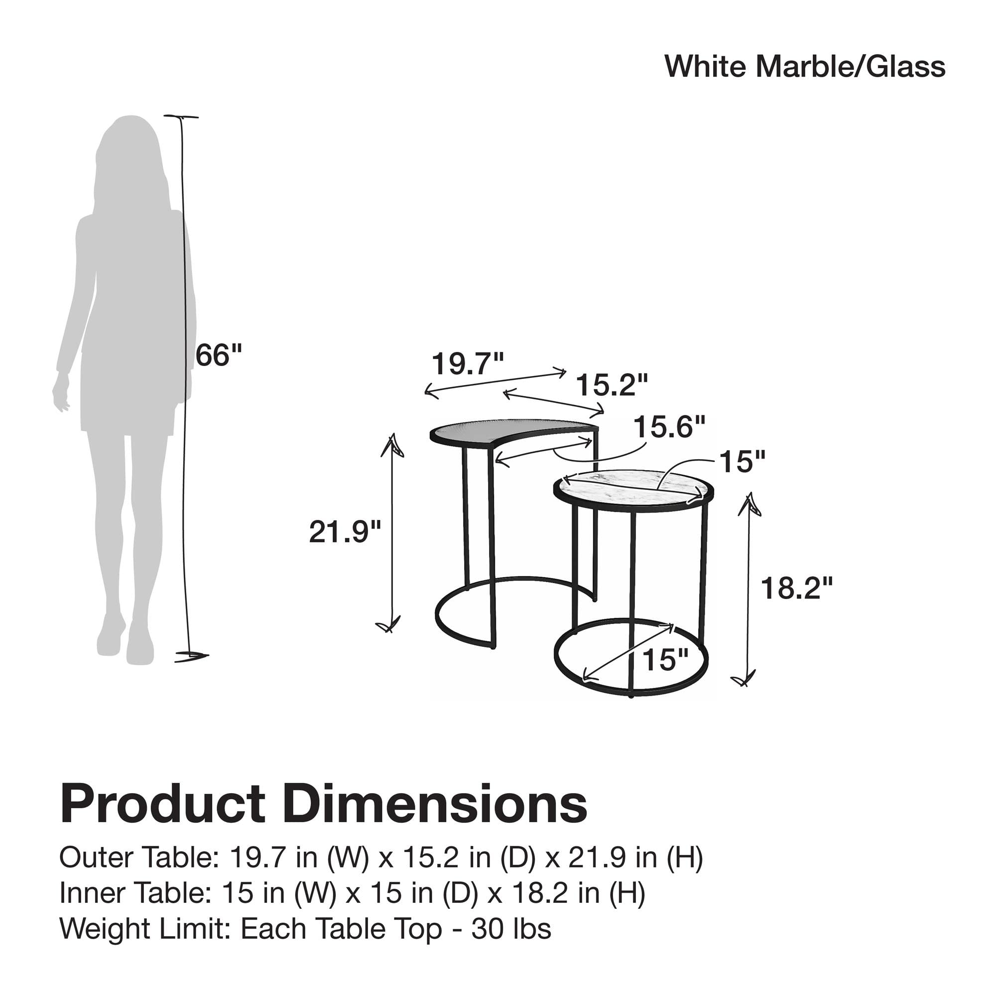 Mr. Kate Moon Phases Nesting End Tables - White Faux Marble & Glass Coffee Side Tables for Living Room, Bedroom - Modern Home Decor Accent Furniture for Small Spaces