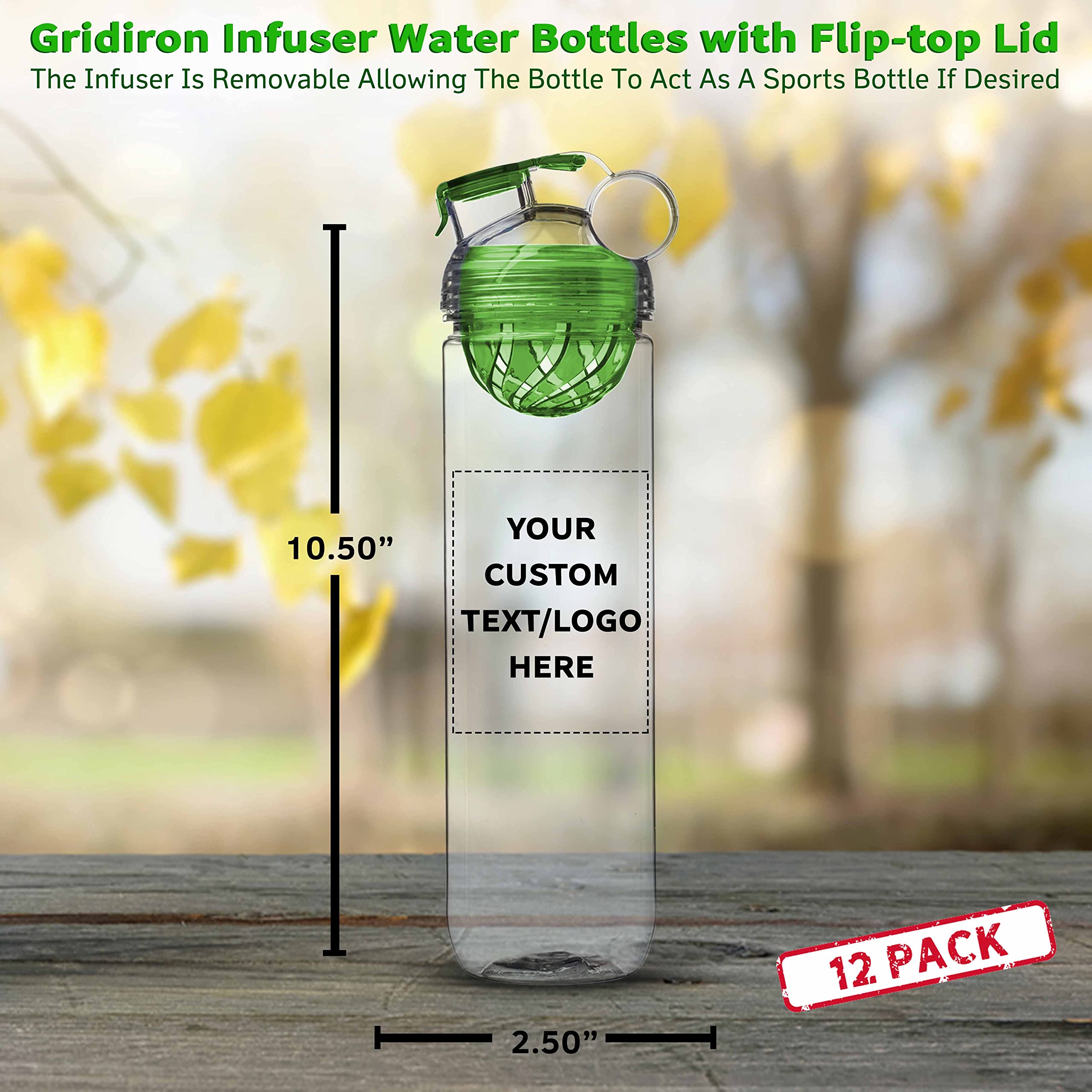 12 Pack Gridiron Infuser Water Bottles 27oz - Custom Text & Logo - Screw On Flip-Top Lid, Leak Proof, BPA Free - Lime Green - Perfect for Sports, Gym, Office & Outdoor Activities