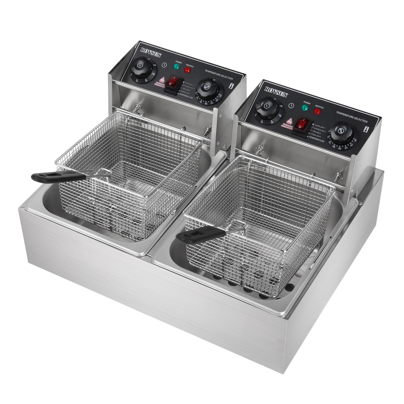 ROVSUN 22.8QT 5000W Commercial Dual Tank Electric Deep Fryer with Timer & Temperature Control - Stainless Steel Countertop Deep Fryer for Home, Restaurant, and Catering - Perfect for Frying Chicken, Fish, French Fries, and Donuts