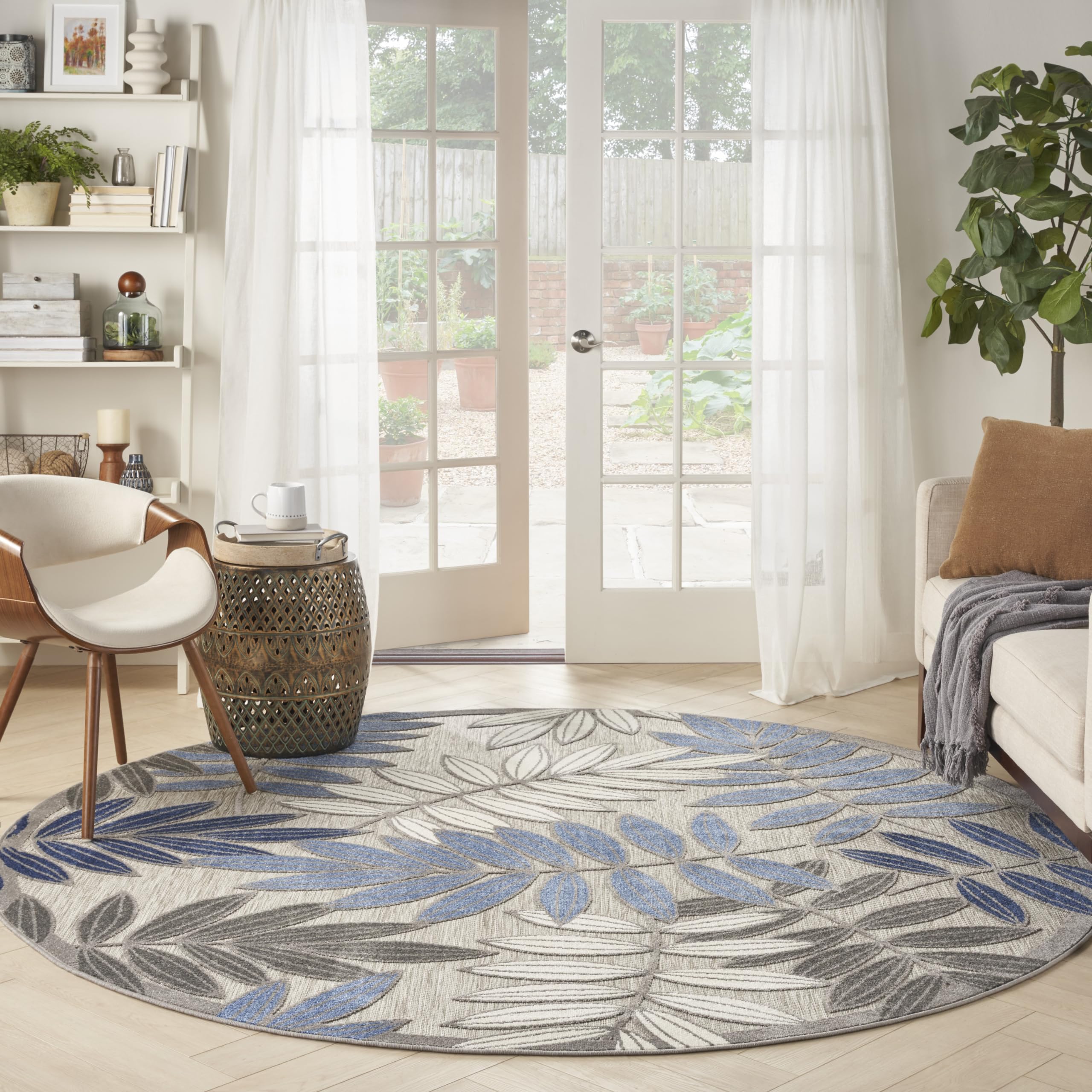 Nourison Aloha 8' Round Indoor/Outdoor Area Rug - Easy Clean, Non-Shedding, Stain Resistant - Perfect for Bedroom, Living Room, Dining Room, Backyard, Deck & Patio - Soft Grey & Blue Design for Coastal & Boho Decor