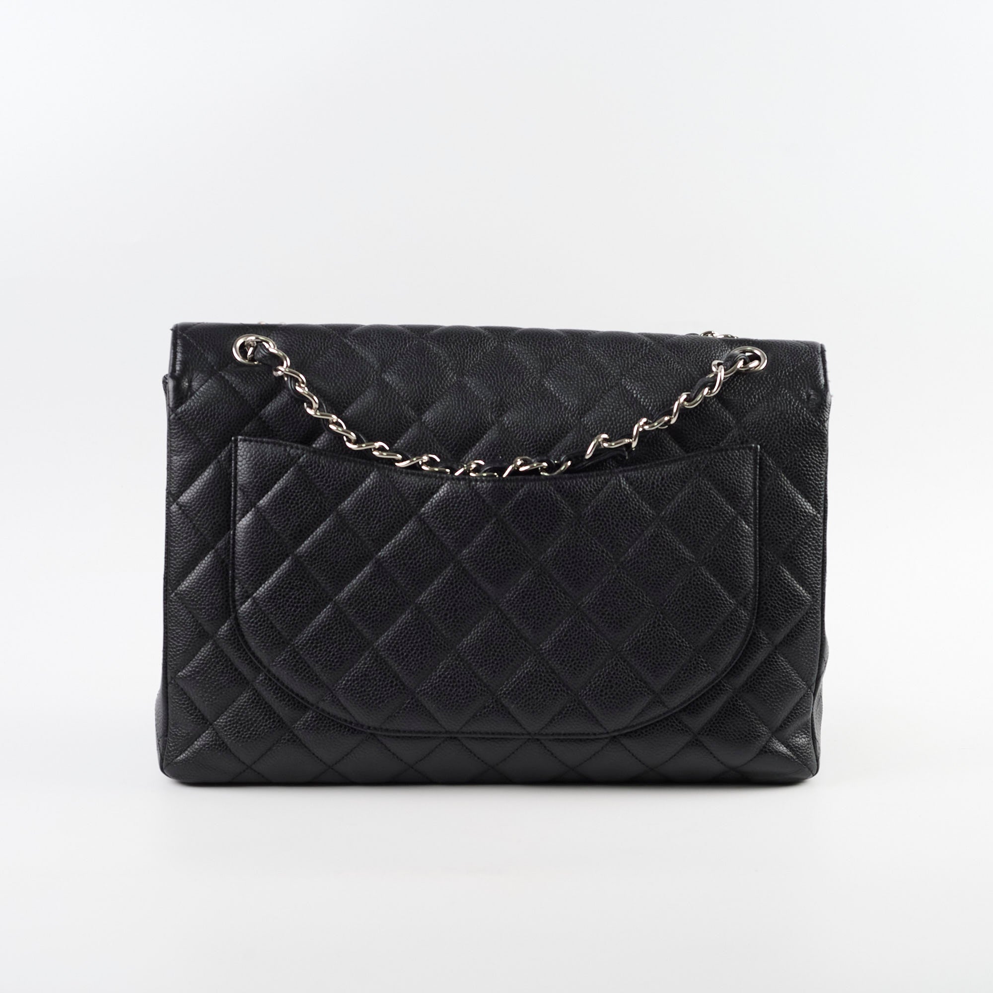 Chanel Maxi Single Flap Bag in Black Caviar Leather with Silver Hardware - Luxury Designer Handbag for Women, Perfect for Evening Events & Special Occasions