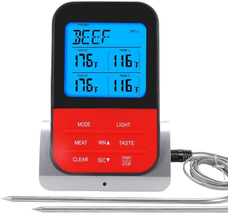 GIZDA LCD Digital Food Thermometer with Dual Probe Sensors & Timer - Accurate Cooking, Baking, BBQ Meat Thermometer for Grilling, Roasting, and Deep Frying