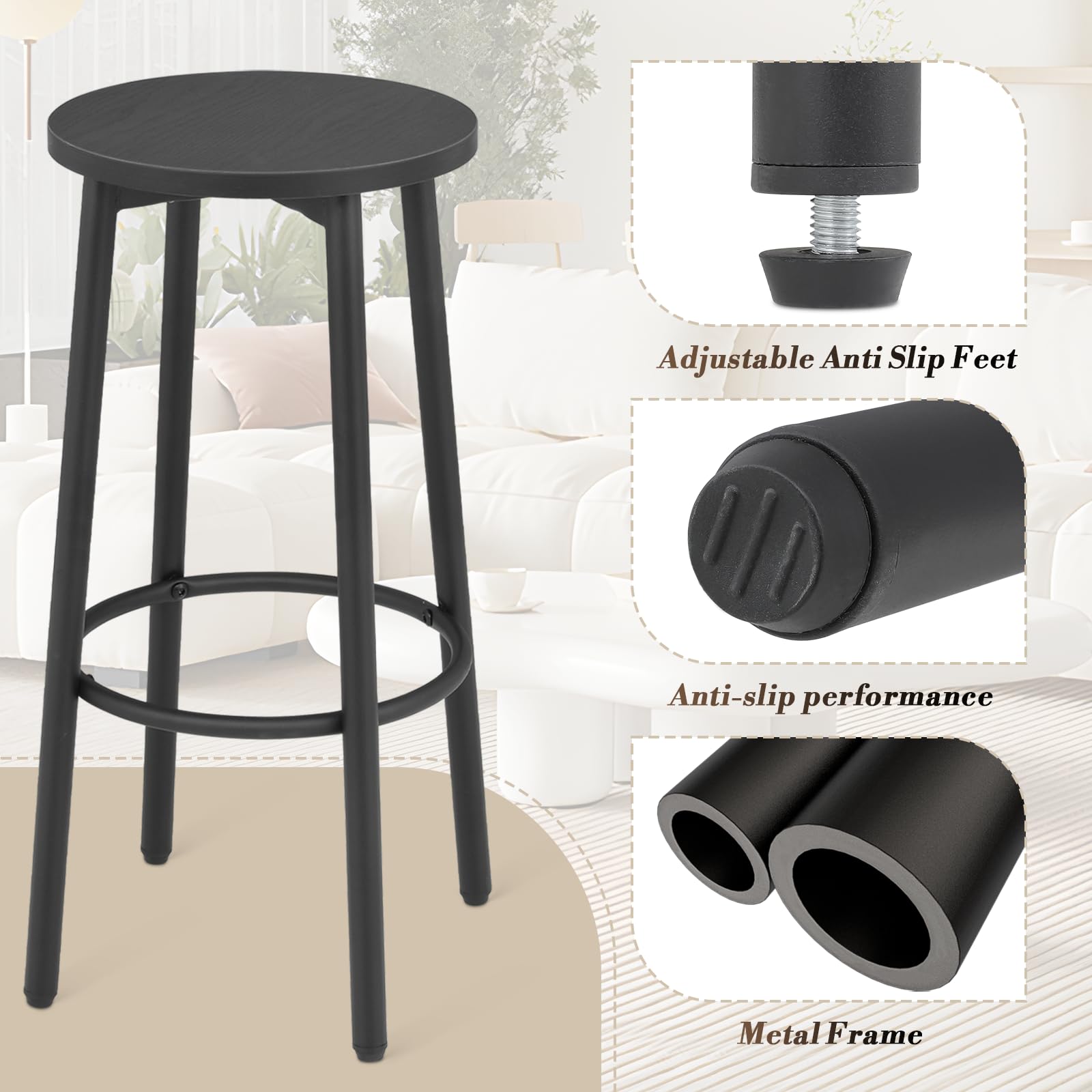 2-Pack Black Round Counter Height Bar Stools with Footrest - Adjustable Kitchen, Dining & Home Bar Stool Set for Breakfast Nook, Island & Pub Style Seating