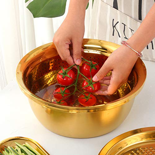 3-Piece Stainless Steel Colander Set - Vegetable Slicer, Potato Peeler, Carrot Grater & Strainer with Round Rice Washer Bowl (Gold) - Perfect for Kitchen Prep, Salad Making & Draining Pasta