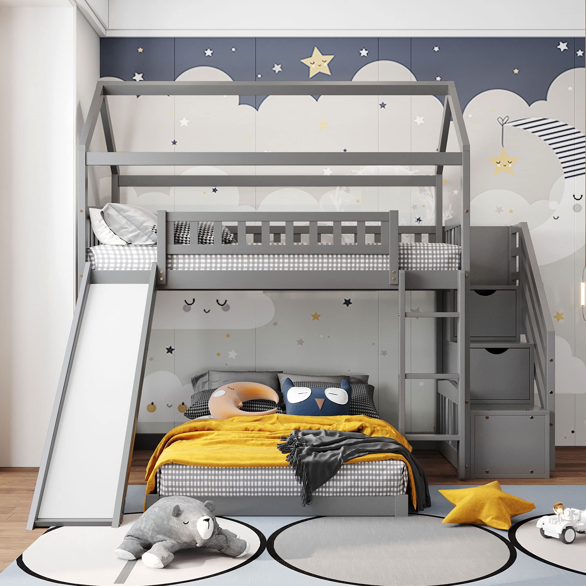 Solid Wood Twin Over Twin Bunk Bed with Slide - Kids House-Shaped Loft Bed Frame with 2 Drawer Stairs & Ladder for Boys/Girls/Teens - No Box Spring Needed (Gray) - Perfect for Small Bedrooms, Shared Kids Rooms & Play Areas