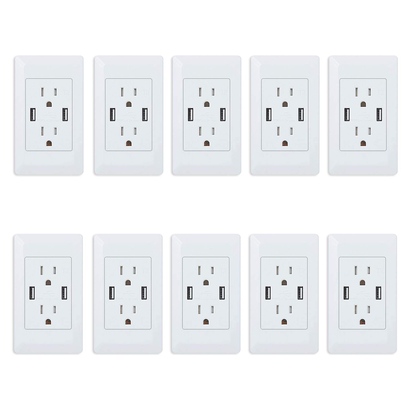 NineLeaf 4.2A High Speed USB Wall Outlet - 15A Tamper Resistant Duplex Receptacle, Child Proof Safety Socket with Screwless Wall Plate (10 Pack, White) - Perfect for Home, Office & Hotel Charging Stations