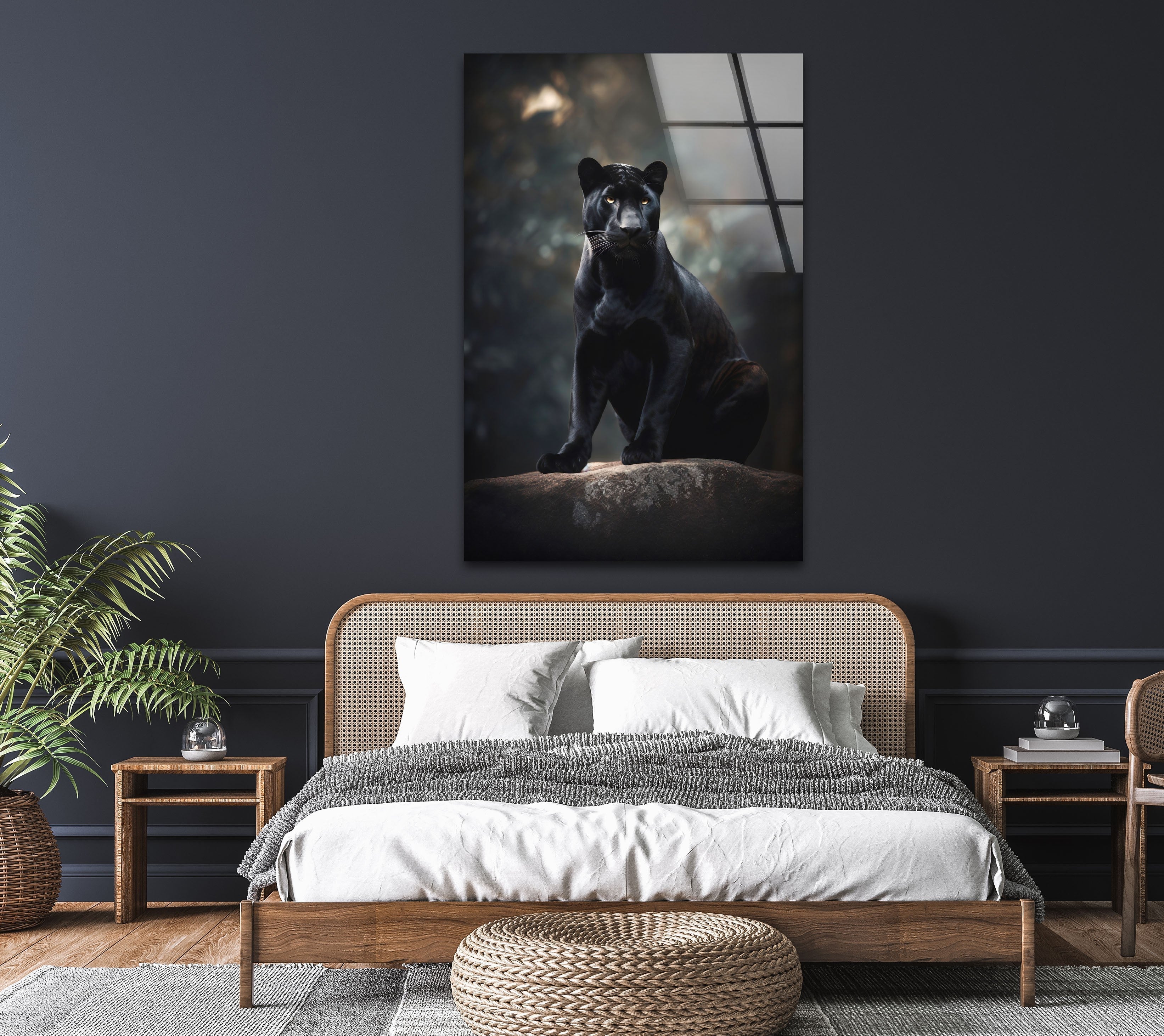 Black Puma Cool Glass Wall Art - Modern Home Decor for Living Room, Bedroom & Office - Unique Animal Themed Stained Glass Panel Artwork