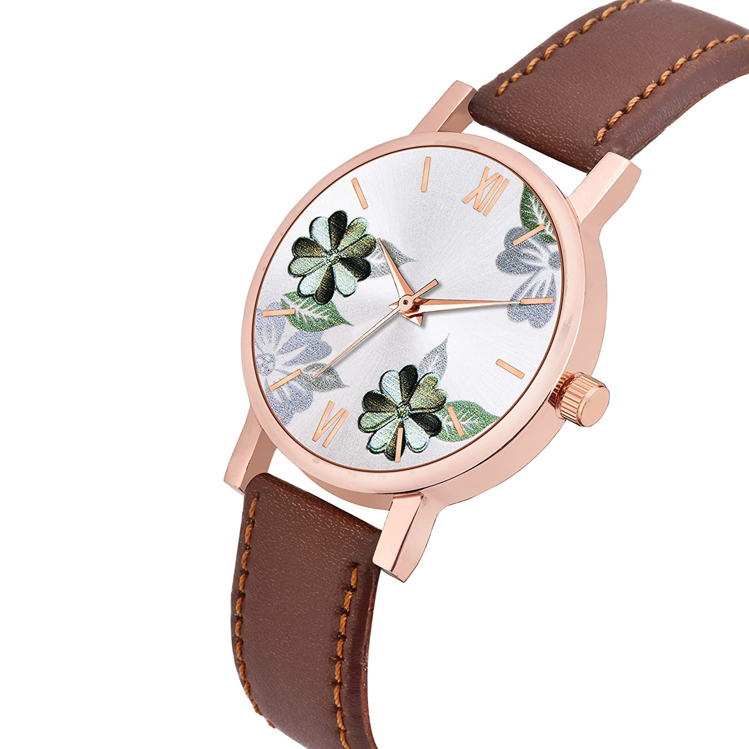 Elegant Floral Analog Watch for Women & Girls - Leather Strap Dress Watch with Flower Pattern Dial (Black & Brown, Set of 2) | Perfect for Daily Wear, Office, Dating & Special Occasions