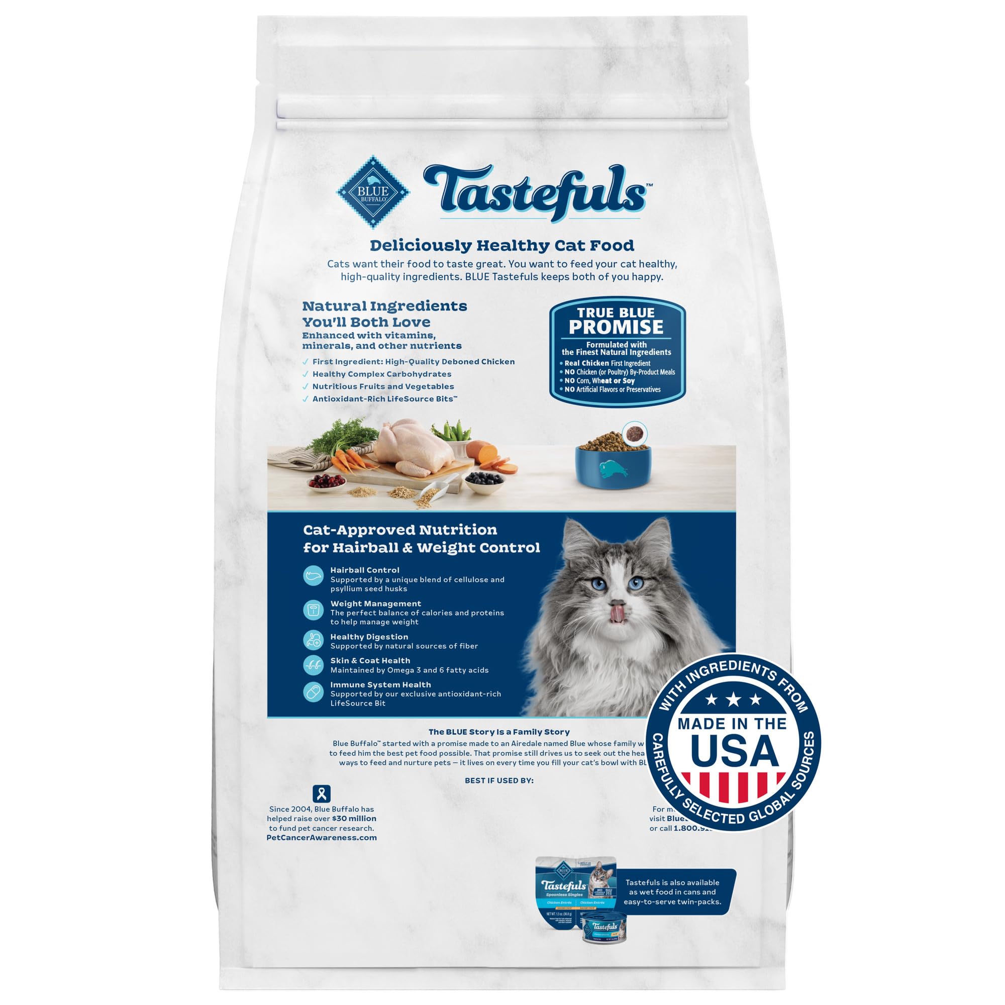 Blue Buffalo Tastefuls Adult Dry Cat Food for Weight Management & Hairball Control - Natural Chicken Recipe, 7-lb Bag | Made in USA | Perfect for Indoor Cats & Sensitive Stomachs