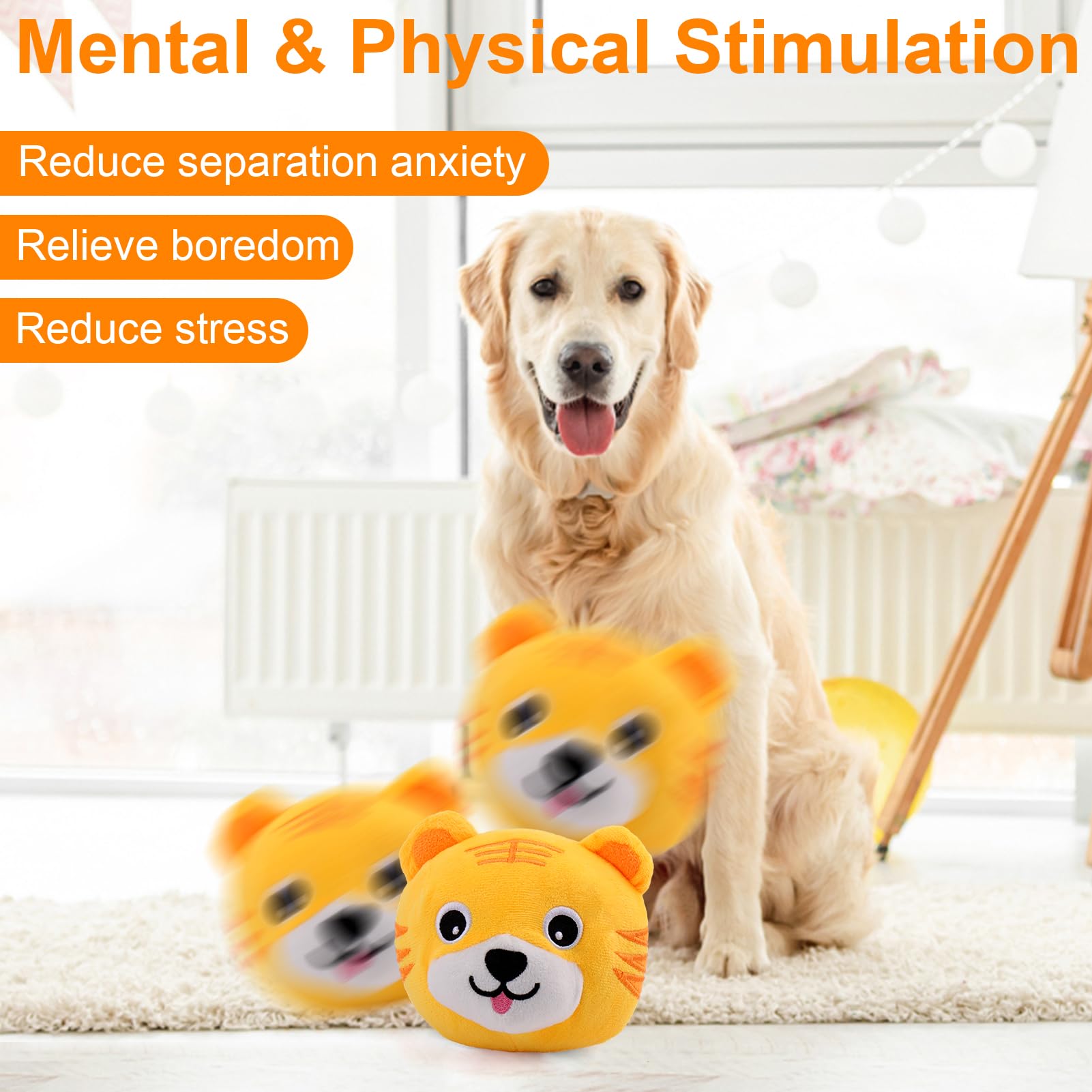 Interactive Dog Toys for Small Medium Large Dogs - Squeaky Moving Ball with Chewable Plush Cover & Music, Active Pet Toy for Chasing & Play (Tiger Pattern) - Perfect for Indoor/Outdoor Playtime & Training
