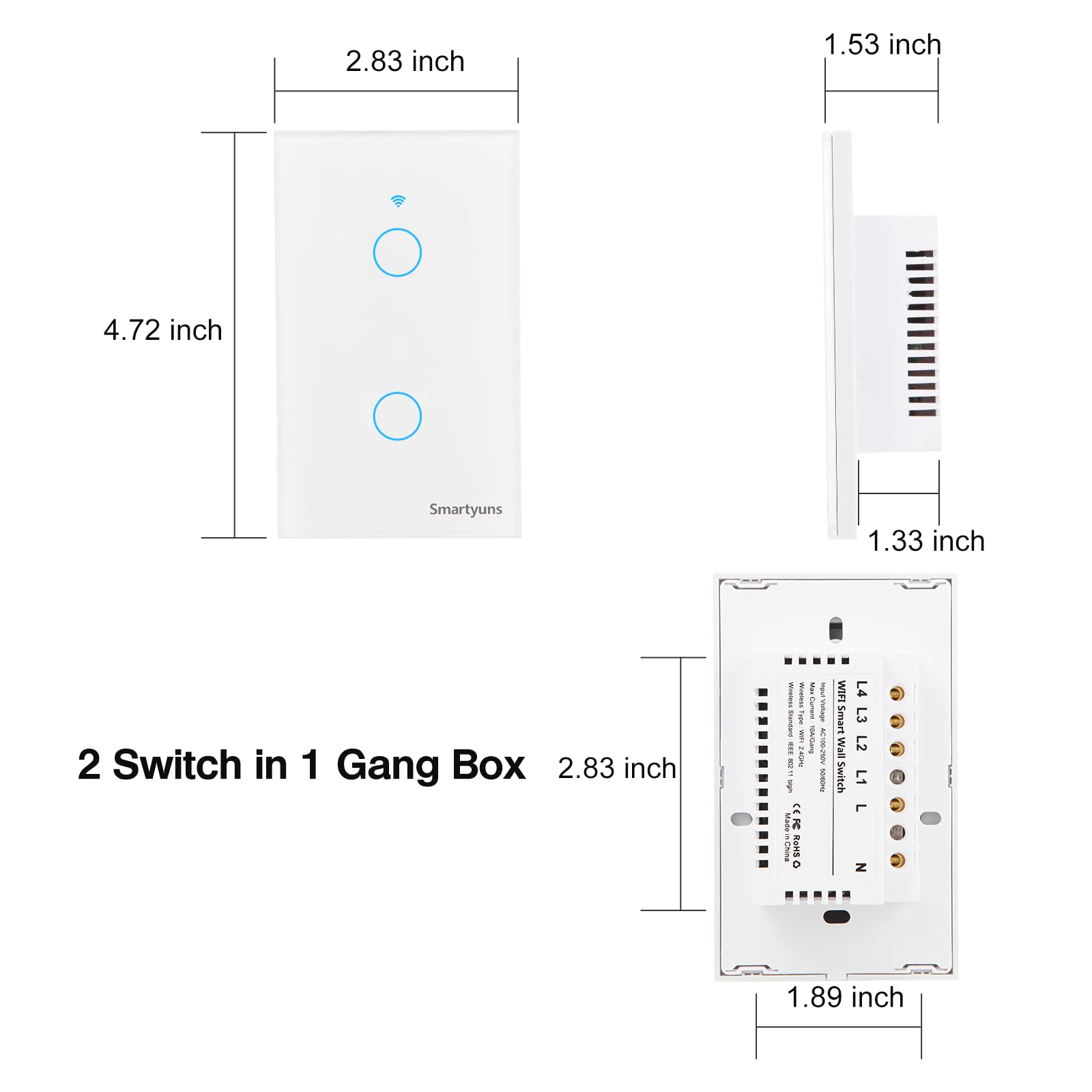 WiFi Smart Wall Light Switch - White, Tempered Glass Panel Touch Switch, 2 Gang for 1 Gang Box, Timer Function, Wireless Lighting Control for Home Automation & Smart House (Works with Alexa & Google Home)
